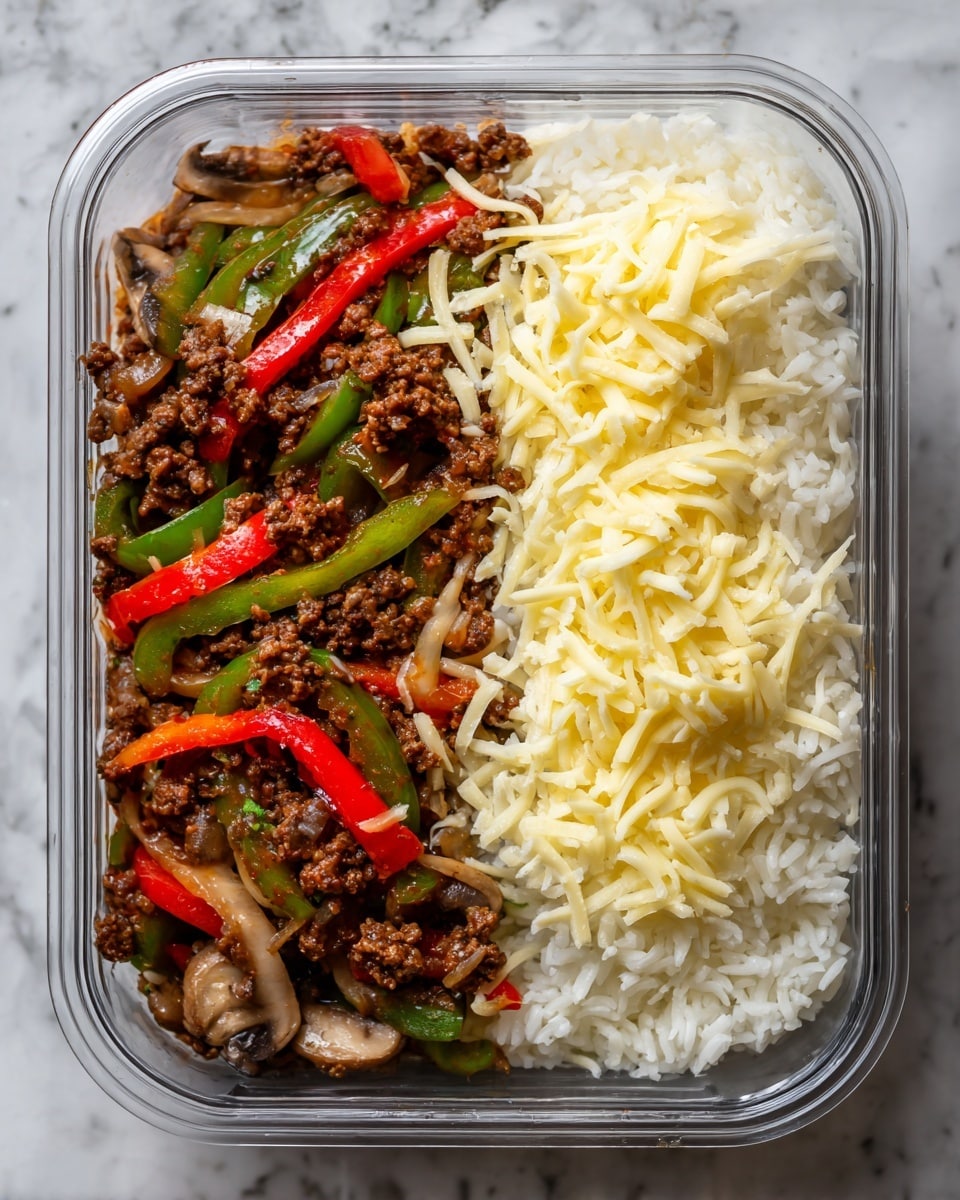 The image shows a clear square container filled with two main sections. On the left side, there is a mixture of cooked ground beef with sautéed slices of mushrooms, green bell peppers, and red bell peppers, giving a mix of brown, green, and red colors with a slightly glossy texture. On the right side, there is a neat pile of white rice topped with a layer of shredded light yellow cheese. The container is placed on a white marbled surface. Photo taken with an iphone --ar 4:5 --v 7