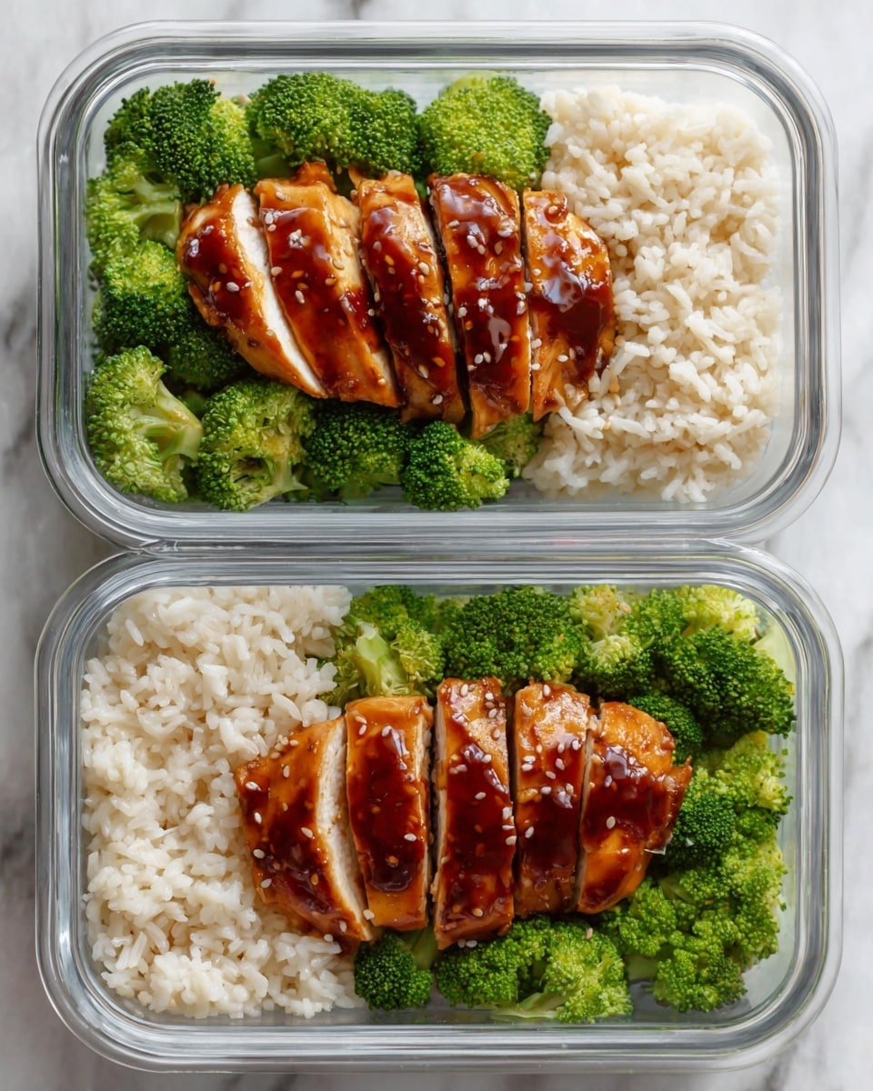 The image shows two clear rectangular meal containers placed side by side on a white marbled surface. Each container has three main layers: at the bottom, there is a layer of cooked white rice that fills about half the container. On one side of the rice, there is a generous portion of bright green steamed broccoli with a slightly rough texture. On the other side, there are slices of glazed grilled chicken breast with a shiny, dark caramel-colored sauce and visible grill marks, arranged neatly in a row. The overall look is clean and organized, with the vibrant green broccoli contrasting with the glossy brown chicken and plain white rice. Photo taken with an iphone --ar 4:5 --v 7