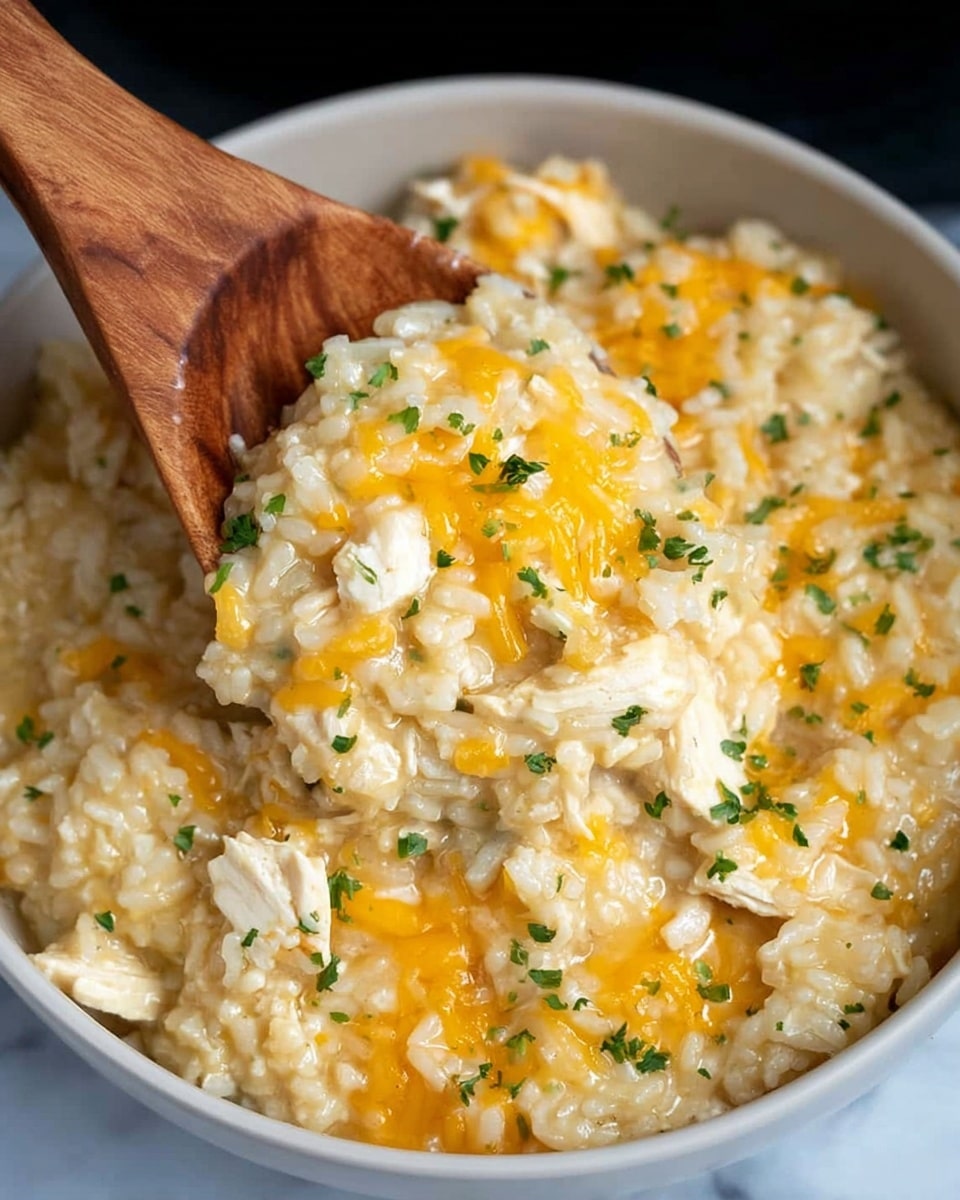 A close-up view of a creamy risotto dish in a black bowl, with a wooden spoon scooping some of the risotto from the middle. The risotto has a soft, slightly lumpy texture with visible white rice grains mixed with shredded cheddar cheese. Small green parsley flakes are spread evenly on top, adding spots of color. The overall color is a warm beige with orange streaks from the cheese. The image has a plain white marbled background. photo taken with an iphone --ar 4:5 --v 7