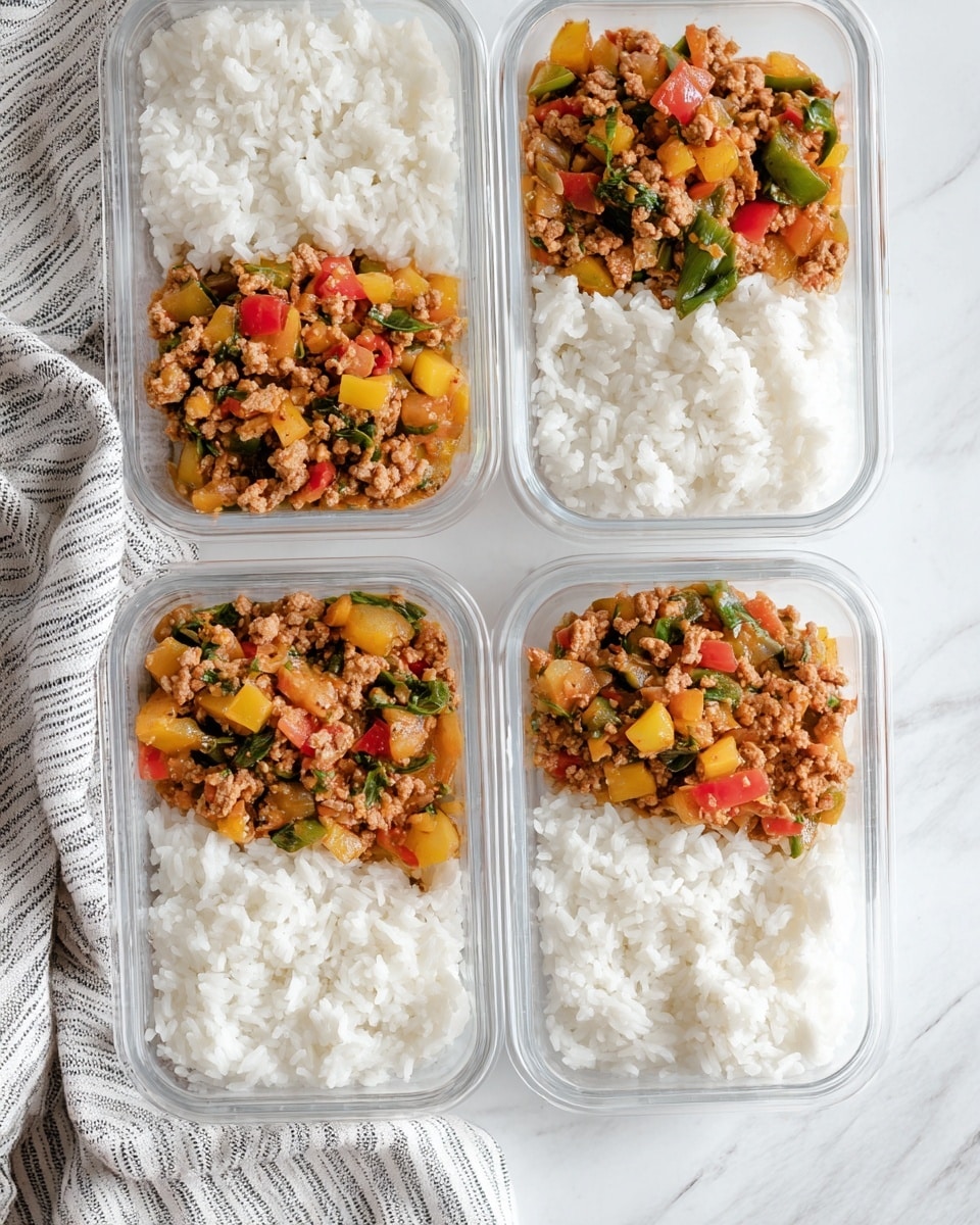 The image shows four white rectangular meal prep containers arranged on a white marbled surface. Each container is divided into two sections: one side holds fluffy white rice, and the other side contains a colorful mixture of cooked ground meat, diced yellow bell peppers, green vegetables, and small pieces of tomato. The meat and vegetable mixture has a chunky texture with warm tones of red, yellow, and green contrasting against the pure white rice. A gray and white striped cloth is partially visible in the lower left corner, adding a soft texture to the scene. Photo taken with an iphone --ar 4:5 --v 7