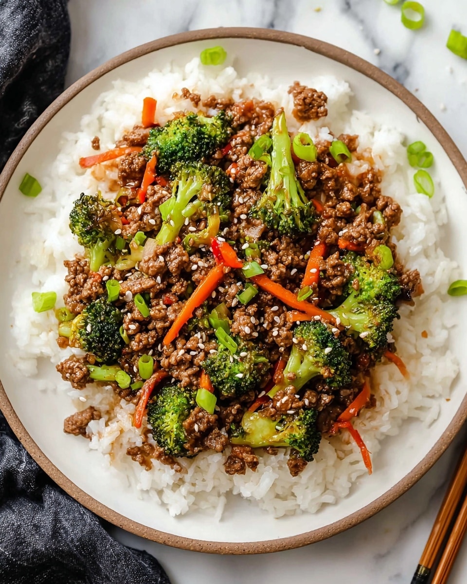 A white plate is filled with a base layer of fluffy white rice, topped with a stir-fry of ground beef cooked in a dark brown sauce. Mixed among the beef are bright green broccoli florets and thin orange carrot sticks. The stir-fry is garnished with small pieces of chopped green onion and sprinkled with white sesame seeds. The dish sits on a white marbled surface, with a pair of light brown chopsticks resting beside the plate. photo taken with an iphone --ar 4:5 --v 7