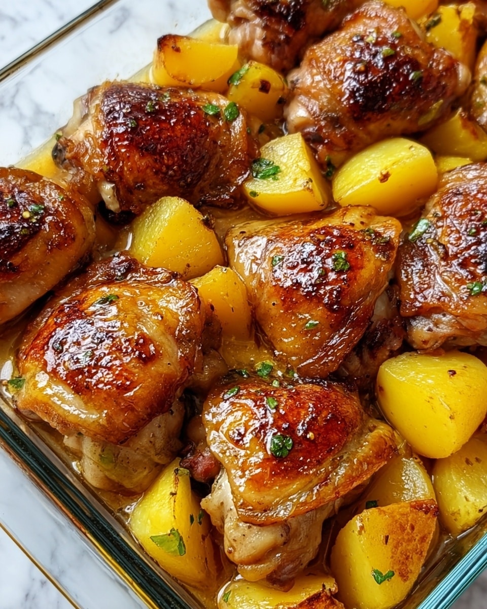 The image shows a close-up of golden-brown roasted chicken thighs with crispy skin arranged closely together in a clear glass baking dish. Among the chicken pieces, there are roughly cut yellow roasted potatoes with a slight char on the edges, their soft texture visible. The chicken and potatoes have a shiny, glazed look from the juices and oil in the dish. Small green herb pieces are sparsely sprinkled over the food. The dish is placed on a white marbled surface. photo taken with an iphone --ar 4:5 --v 7