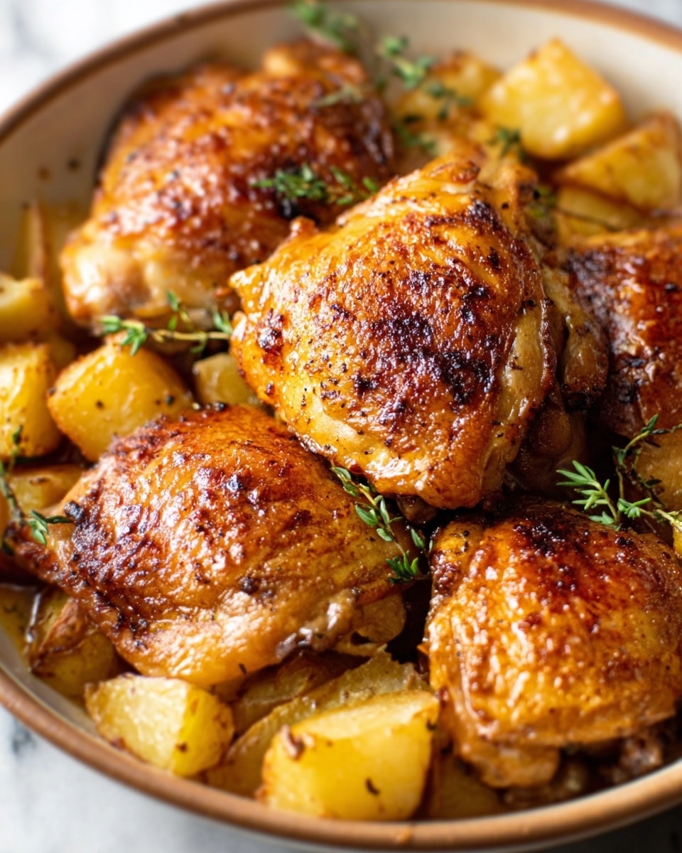 The image shows a close-up of a white bowl filled with several browned chicken thighs, each piece cooked to a golden-crisp color with a slightly rough, crispy skin texture. The chicken sits on a layer of roasted potato chunks that are golden and slightly crispy on the edges. Small green herb sprigs, likely thyme, are scattered on top of the chicken, adding a touch of fresh green color. The background is a white marbled texture, and the lighting highlights the glossy, well-cooked surface of the chicken. Photo taken with an iphone --ar 4:5 --v 7