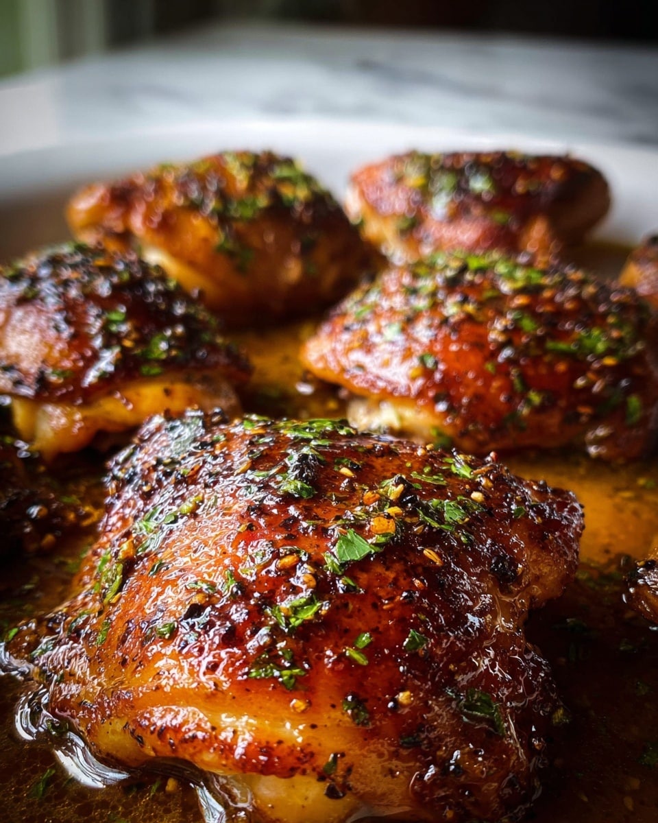 Close-up view of several cooked chicken thighs with a shiny, crispy dark brown skin covered in green herbs and black pepper, sitting in a shallow pool of oil in a white pan. The chicken skin texture is slightly bumpy and glistening with juices, showing well-roasted, golden-brown spots. The background is softly blurred with more pieces of chicken similarly cooked. photo taken with an iphone --ar 4:5 --v 7