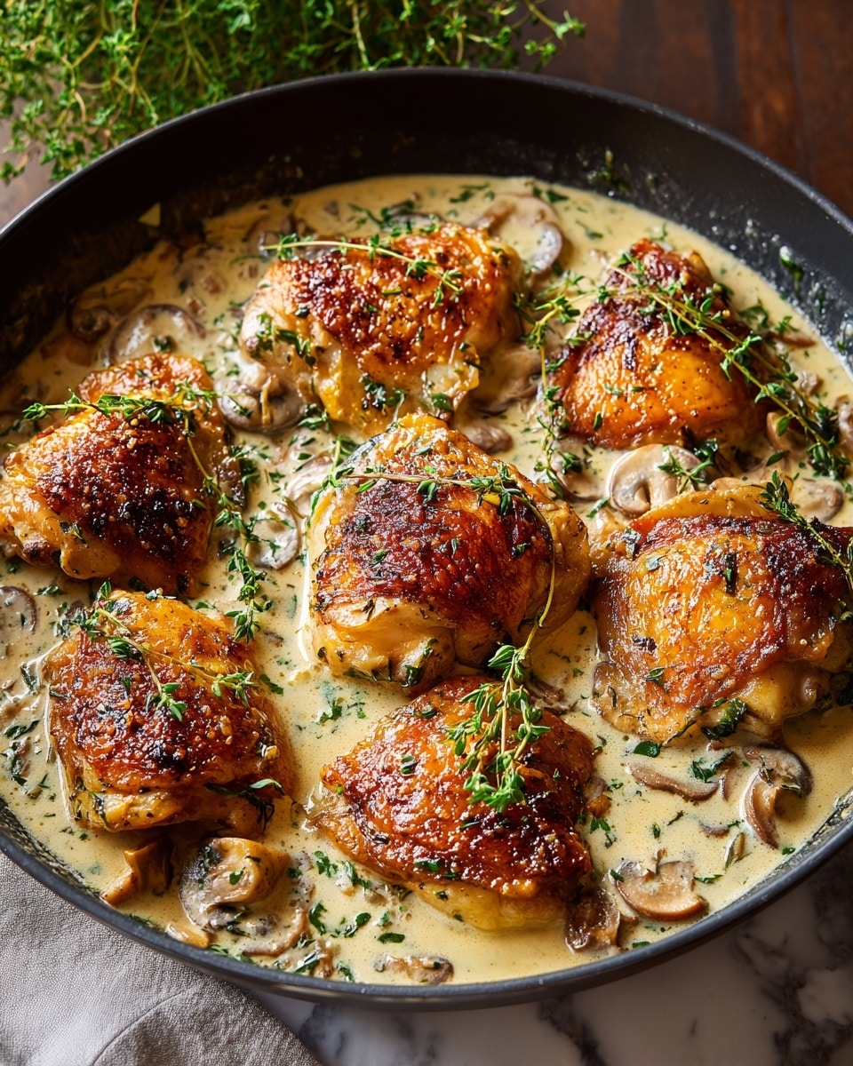 A close-up view of a round black pan filled with golden-brown chicken thighs and wings, cooked until the skin is crisp and textured with small herbs sprinkled on top. Surrounding the chicken pieces are halved small yellow potatoes with a crispy roasted surface showing a light brown color and soft yellow inside. The chicken and potatoes are mixed together, all glistening with a light coating of oil and garnished with chopped green herbs, resting on a white marbled surface. photo taken with an iphone --ar 4:5 --v 7