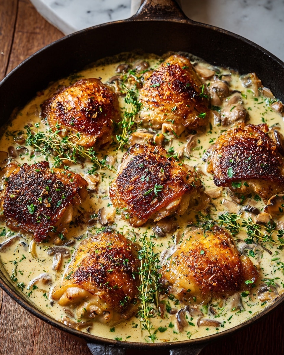 The image shows six pieces of golden-brown crispy chicken thighs with a slightly charred texture on top, placed in a creamy white sauce with visible pieces of mushrooms and herbs. The chicken pieces are evenly spaced in a cast-iron pan, resting on the creamy sauce that has a light beige color with green herb flecks scattered throughout. Sprigs of fresh thyme are placed among the chicken as garnish, adding a fresh green touch. The pan sits on a wooden table with a white marbled texture background partially visible. The overall look is rich, warm, and appetizing. photo taken with an iphone --ar 4:5 --v 7