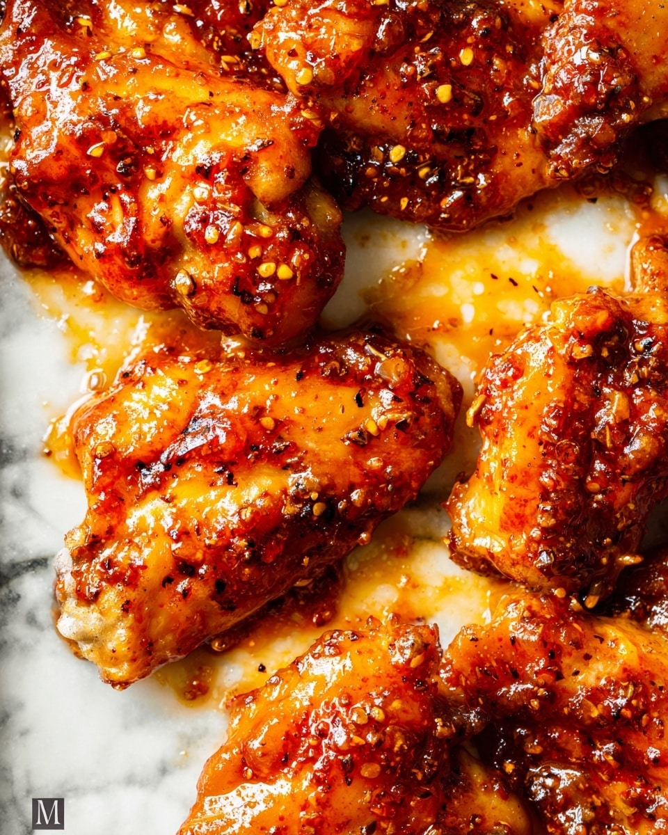 The image shows several pieces of glazed chicken wings placed closely together on a white marbled surface. The wings are covered in a thick, shiny sauce that is a rich orange-red color with visible black pepper and spice flakes, creating a textured, sticky appearance. The sauce pools slightly around the wings, giving a glossy look with small areas of oil reflecting light. The chicken skin appears crispy with a mix of dark brown and golden tones under the sauce, showing a well-cooked texture. The overall presentation emphasizes the saucy, spiced, and juicy nature of the chicken wings. photo taken with an iphone --ar 4:5 --v 7