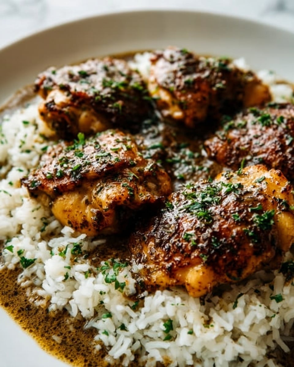 The image shows a dish with a white plate filled with a bed of fluffy white rice as the bottom layer. On top of the rice, there are four pieces of grilled chicken thighs with a golden-brown, slightly crispy skin. The chicken pieces have visible char marks and seasoning with green chopped herbs scattered evenly over them and the rice. The background is a white marbled texture. photo taken with an iphone --ar 4:5 --v 7