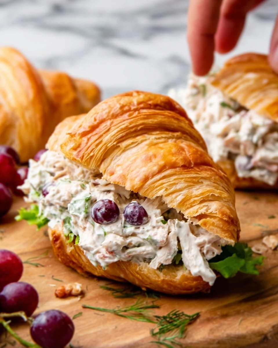 The image shows a croissant sandwich placed on a wooden surface with a white marbled texture. The sandwich has three main layers: the top layer is a golden-brown, flaky croissant that looks fresh and crispy. The middle layer is filled with a creamy white spread mixed with small pieces of herbs and chopped dark olives, giving it a textured look. Below the cream layer, there is a bright green leafy layer of lettuce, adding a fresh color contrast. The sandwich is angled slightly to show the filling clearly. A woman's hand is reaching towards the sandwich on the left side. Photo taken with an iphone --ar 4:5 --v 7