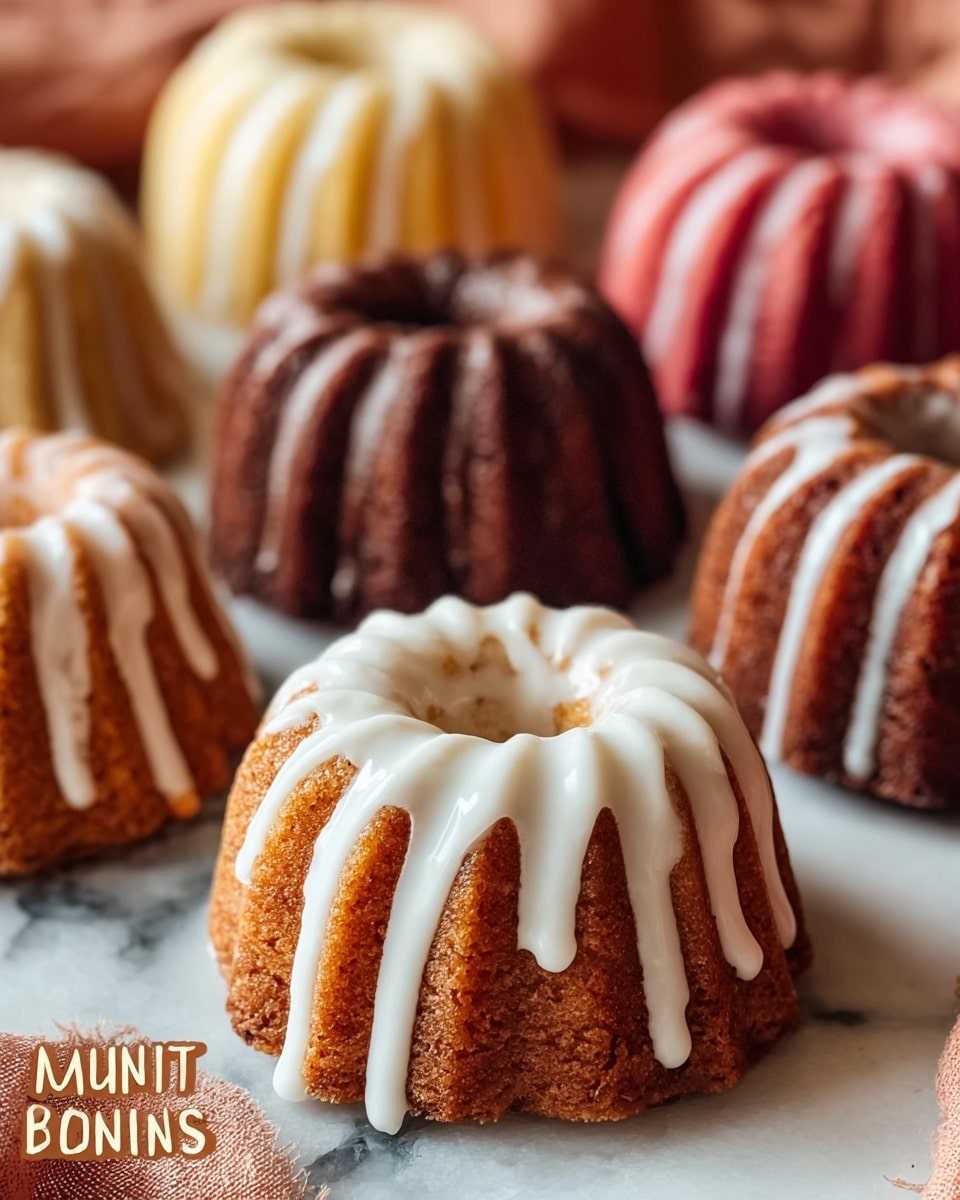 The image shows six mini bundt cakes arranged closely together on a white marbled surface. Each cake features a distinct flavor with different colored batters: chocolate, golden brown, and a reddish berry tone. All cakes have a thick white icing drizzle that runs down the ridges of each cake, creating a striped pattern. The cakes are smooth-textured, and the icing appears creamy and glossy, evenly spread over the top and flowing down the sides. The focus is sharp on the central golden brown cake, with the other cakes slightly blurred in the background and foreground, giving a cozy and inviting look. Photo taken with an iphone --ar 4:5 --v 7