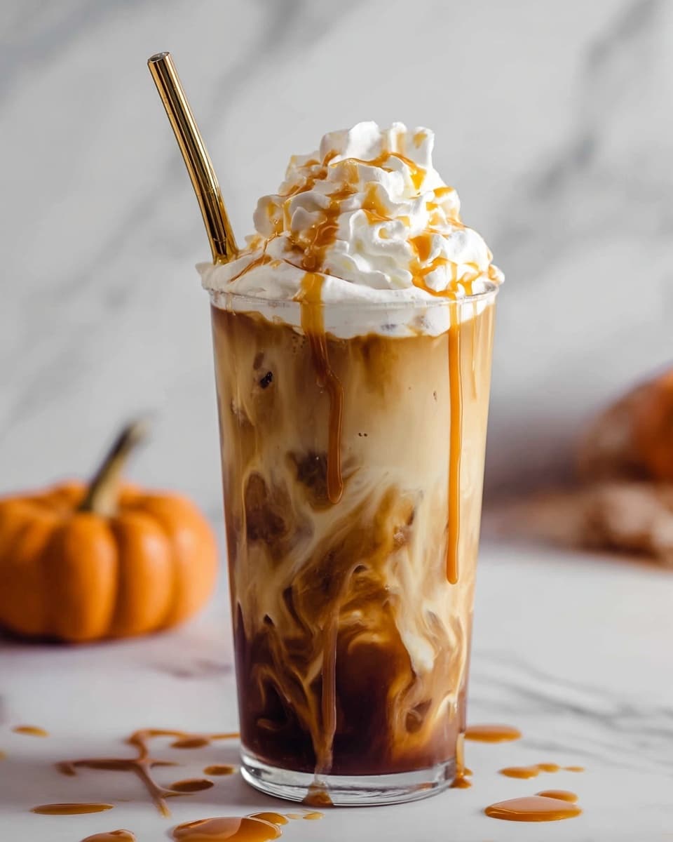 A tall clear glass filled with three main layers starting with a dark brown chocolate syrup layer at the bottom, swirling richly into a creamy light beige middle layer that mixes smoothly with darker brown coffee streaks. The top layer is a light creamy caramel-colored froth, crowned with a large swirl of white whipped cream drizzled with amber caramel sauce. A shiny gold metal straw is placed on the left side of the drink. The glass sits on a white marbled surface with caramel sauce drips around it, and there is a soft-focus background with light brown and yellow blurry branches. photo taken with an iphone --ar 4:5 --v 7
