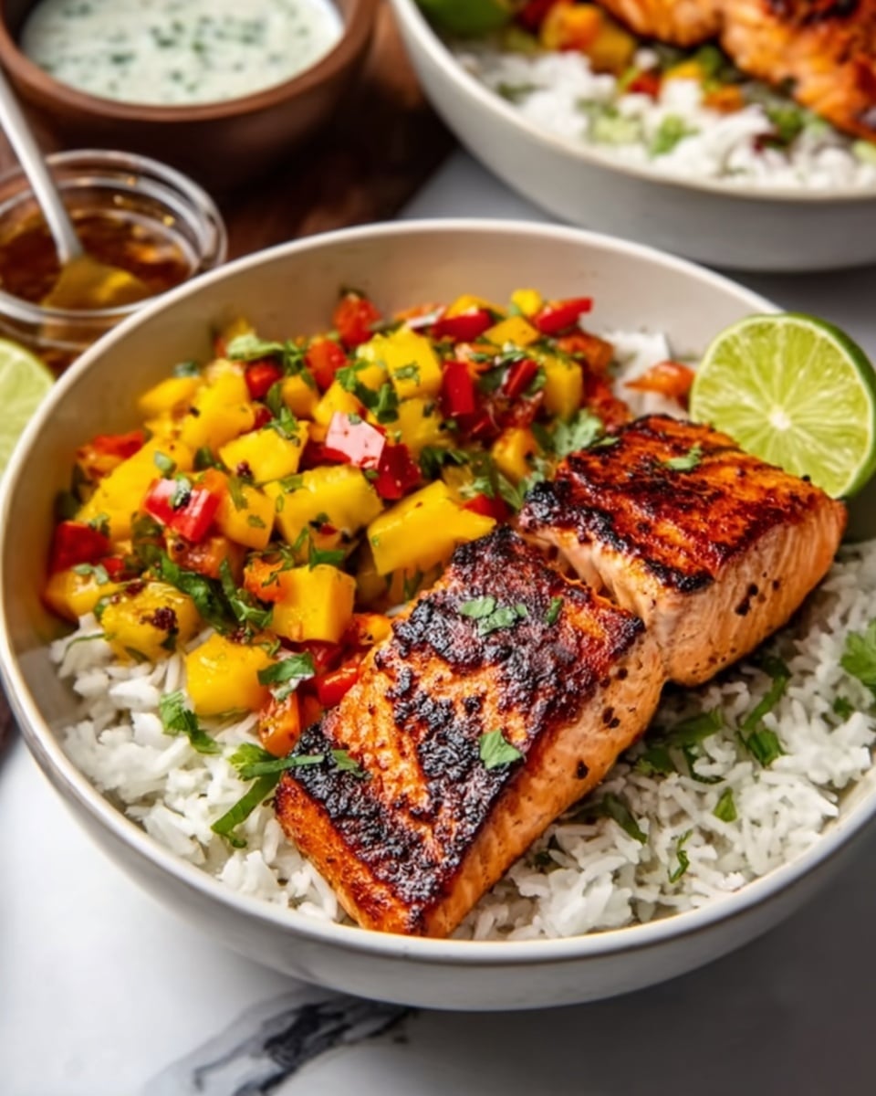 A white bowl with a bed of white rice at the bottom, topped with two grilled salmon fillets that have a crispy, golden-brown skin and char marks. On one side of the salmon, there is a colorful mix of diced mango, red bell pepper, and green herbs. A lime wedge is placed on the edge of the bowl. The bowl sits on a white marbled surface with a blurred background showing another bowl with similar contents and a glass of sauce. A woman's hand holding a spoon is partly visible on the side. Photo taken with an iphone --ar 4:5 --v 7