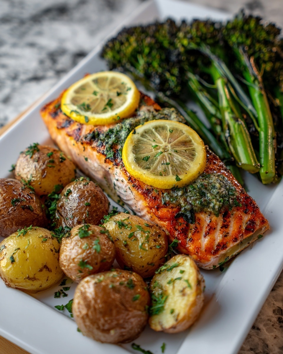 The image shows a white rectangular plate with a cooked piece of salmon fillet placed in the middle. The salmon is orange-pink with a slightly charred surface, topped with three thin yellow lemon slices and a green herb sauce spread unevenly over it. Surrounding the salmon are several roasted baby potatoes that are golden brown with crispy skins and sprinkled with green herbs. At the back of the plate, there is a bunch of dark green roasted broccolini with a slightly charred texture. The plate is set on a white marbled surface. photo taken with an iphone --ar 4:5 --v 7