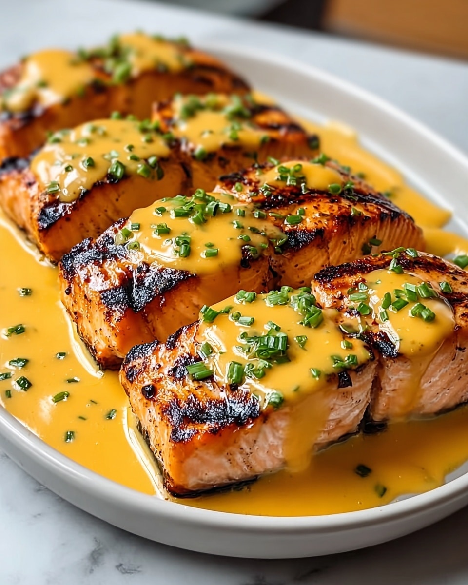 The image shows a close-up view of six thick, grilled salmon pieces arranged in two rows on a white plate. Each salmon piece has a slightly charred, golden-brown crust with visible grill marks, and the inside is a moist, soft pink. A smooth, creamy yellow-orange sauce is generously drizzled over the top and around the salmon, pooling slightly at the plate’s edges. The dish is topped with small, bright green chopped herbs, giving a fresh contrast to the warm colors of the salmon and sauce. The plate sits on a white marbled surface, which adds a clean and elegant look to the presentation. photo taken with an iphone --ar 4:5 --v 7