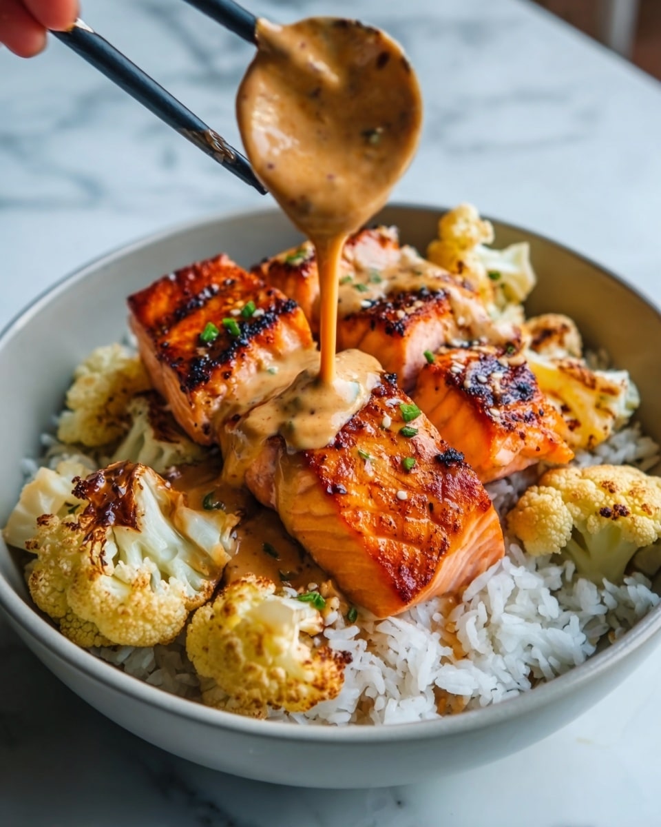 The image shows a white bowl filled with soft white rice at the bottom. On top of the rice, there are golden grilled salmon pieces with a shiny glaze, placed in the center. Around the salmon, there are light cream-colored roasted cauliflower florets with a slight brown charring. A creamy brown sauce is being poured over the salmon from above, captured mid-pour, with a woman's hand holding black chopsticks. The background is a white marbled surface, highlighting the dish's vibrant colors. Photo taken with an iphone --ar 4:5 --v 7