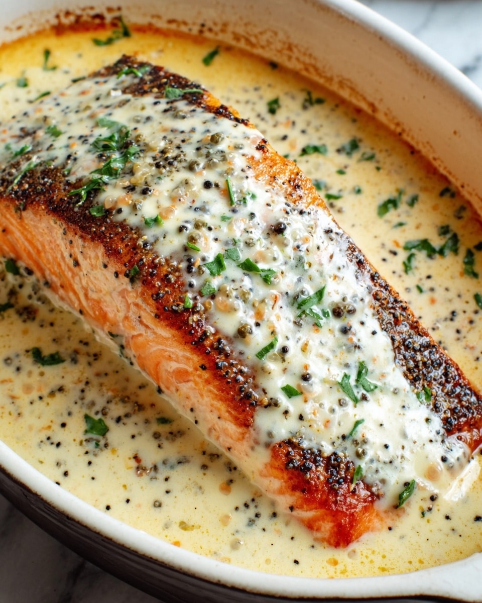 A cooked salmon fillet with crispy brown edges and a soft pink center lies in a white oval dish. The fish is generously covered with a creamy white sauce speckled with black pepper and finely chopped green herbs. The sauce spreads around the salmon, pooling slightly against the sides of the dish, which sits on a white marbled surface. photo taken with an iphone --ar 4:5 --v 7