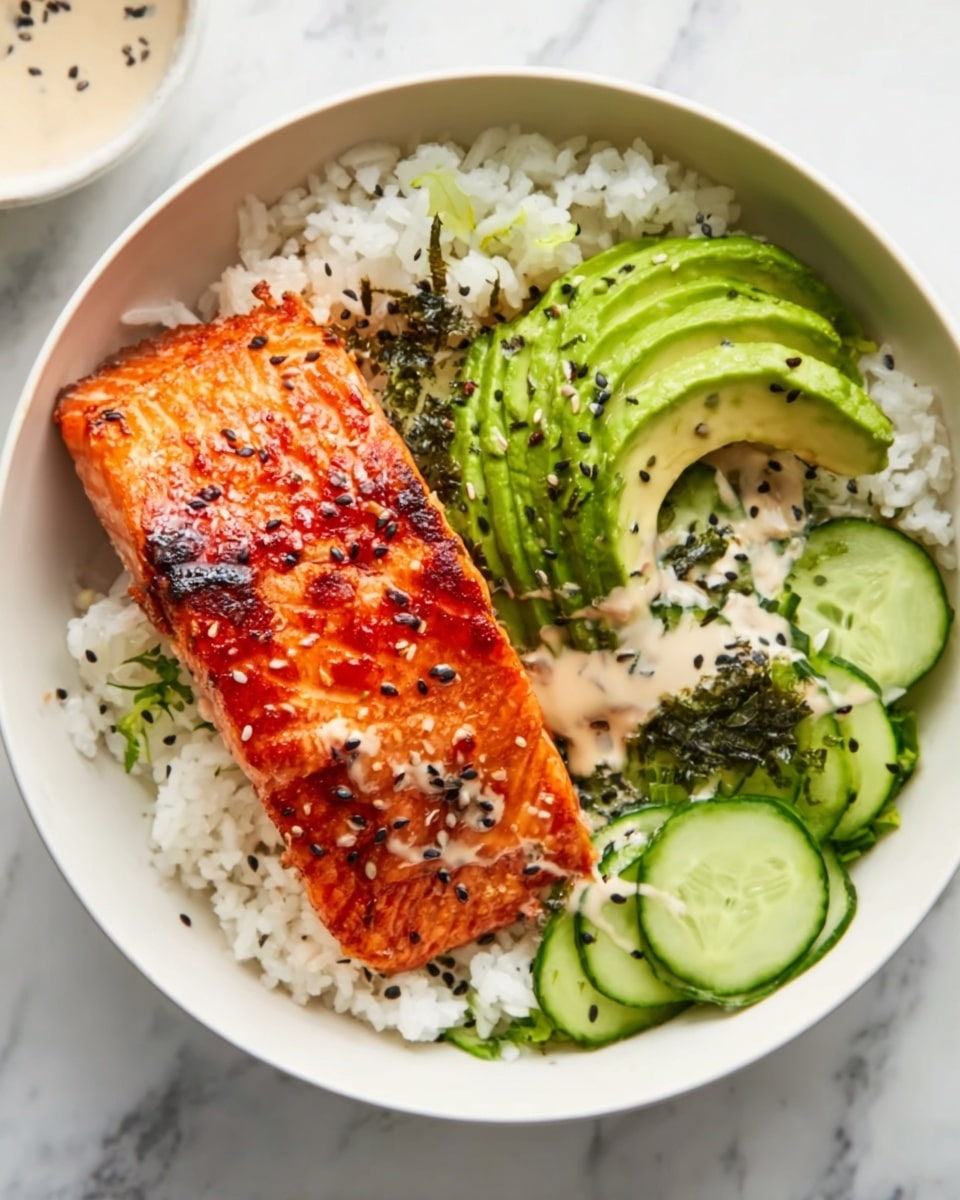 A white bowl filled with a base layer of fluffy white rice topped with a large piece of grilled salmon that has a shiny, slightly charred orange surface. On the left side of the salmon, there are thin slices of green avocado with a smooth texture, and around the bowl’s edge, there are several slices of light green cucumber. A light-colored sauce is drizzled near the salmon, with black sesame seeds sprinkled over the salmon and avocado. The bowl is placed on a white marbled surface. Photo taken with an iphone --ar 4:5 --v 7