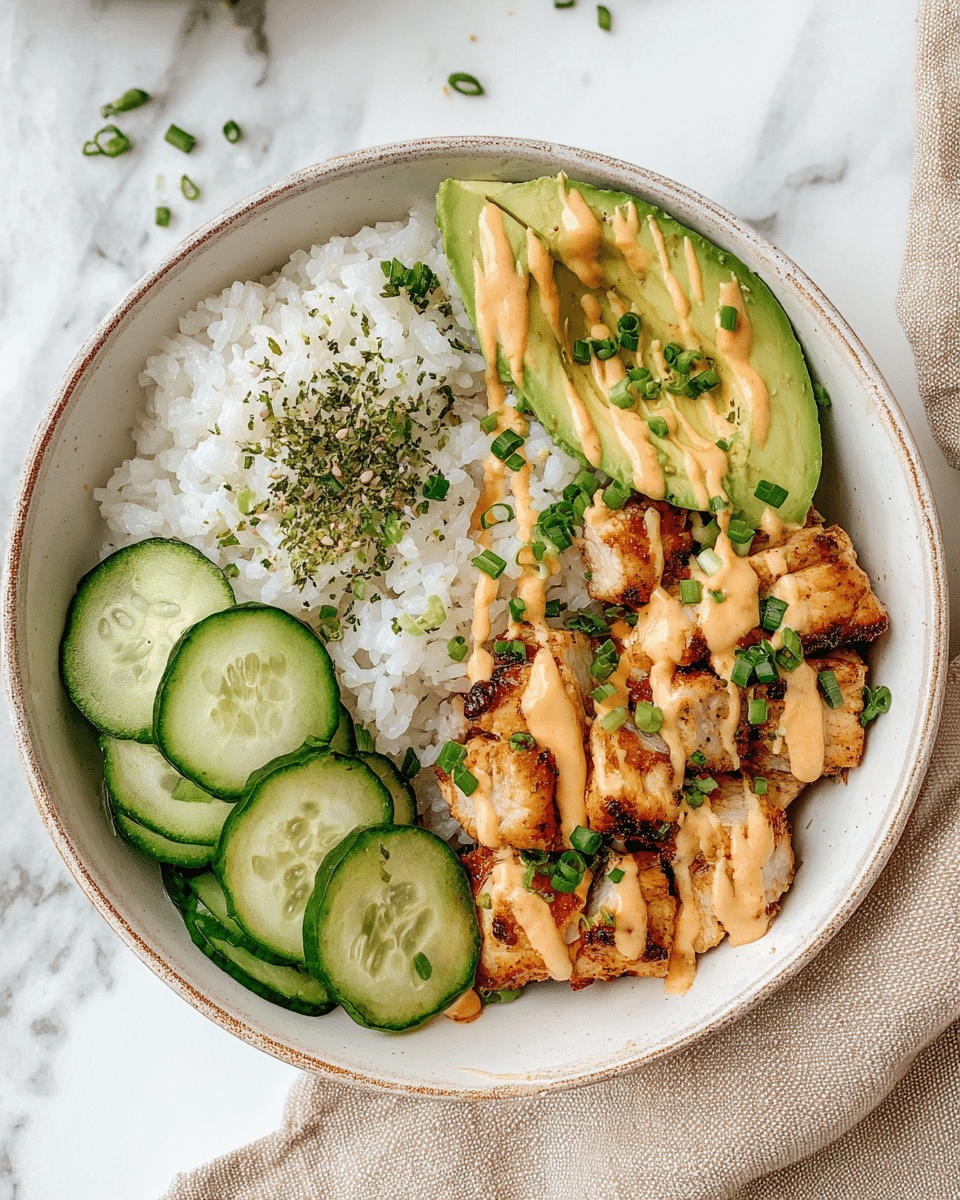 The dish is served in a white bowl with four distinct layers arranged side by side. On the left side, there is a fluffy white rice layer speckled with green chives and seasoning. Next to the rice, there is a layer of thinly sliced cucumber rounds with a fresh green color, sprinkled with seasoning. Adjacent to the cucumbers, there is a section of grilled chunks of chicken covered with a light pink creamy sauce and green herbs sprinkled on top. On the far right, there are slices of bright green avocado, fanned out and topped with seasoning and chives. The bowl is placed on a white marbled surface with a beige napkin and wooden chopsticks partially visible nearby. Photo taken with an iphone --ar 4:5 --v 7
