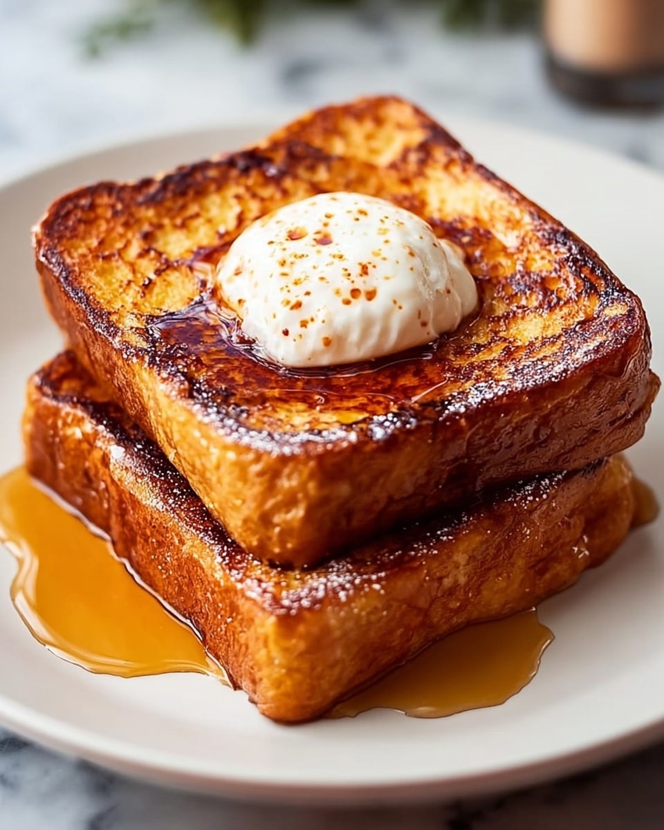 Two thick slices of golden brown French toast are stacked on a white plate, each slice showing a crispy, slightly caramelized texture with darker browned spots around the edges. The top slice has a dollop of white cream with tiny brown specks in the center, and golden syrup is drizzled over both slices, pooling slightly on the plate. The scene is set against a white marbled background. photo taken with an iphone --ar 4:5 --v 7