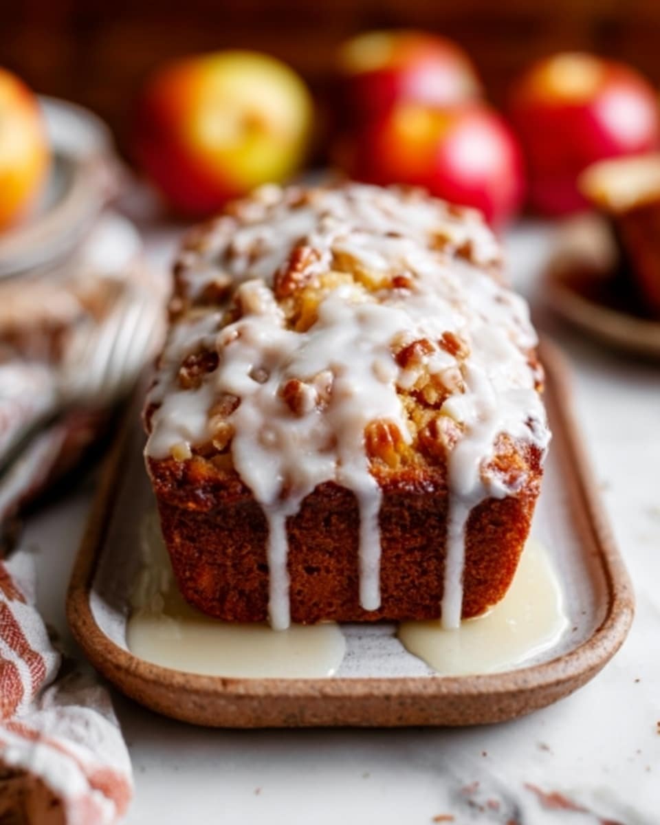 A small loaf cake with a golden-brown crust sits centered on a white ceramic plate with rounded edges. The top of the cake is covered in a thick, white glaze that drips slightly down the sides, pooling on the plate. The glaze has a shiny, smooth texture and contrasts with the rough, crumbly texture of the cake's crust, which has visible pieces of nuts or fruit embedded on top. The surface beneath the plate is a white marbled texture. In the background, there are soft-focused apples and a woman’s hand holding a fork nearby. photo taken with an iphone --ar 4:5 --v 7