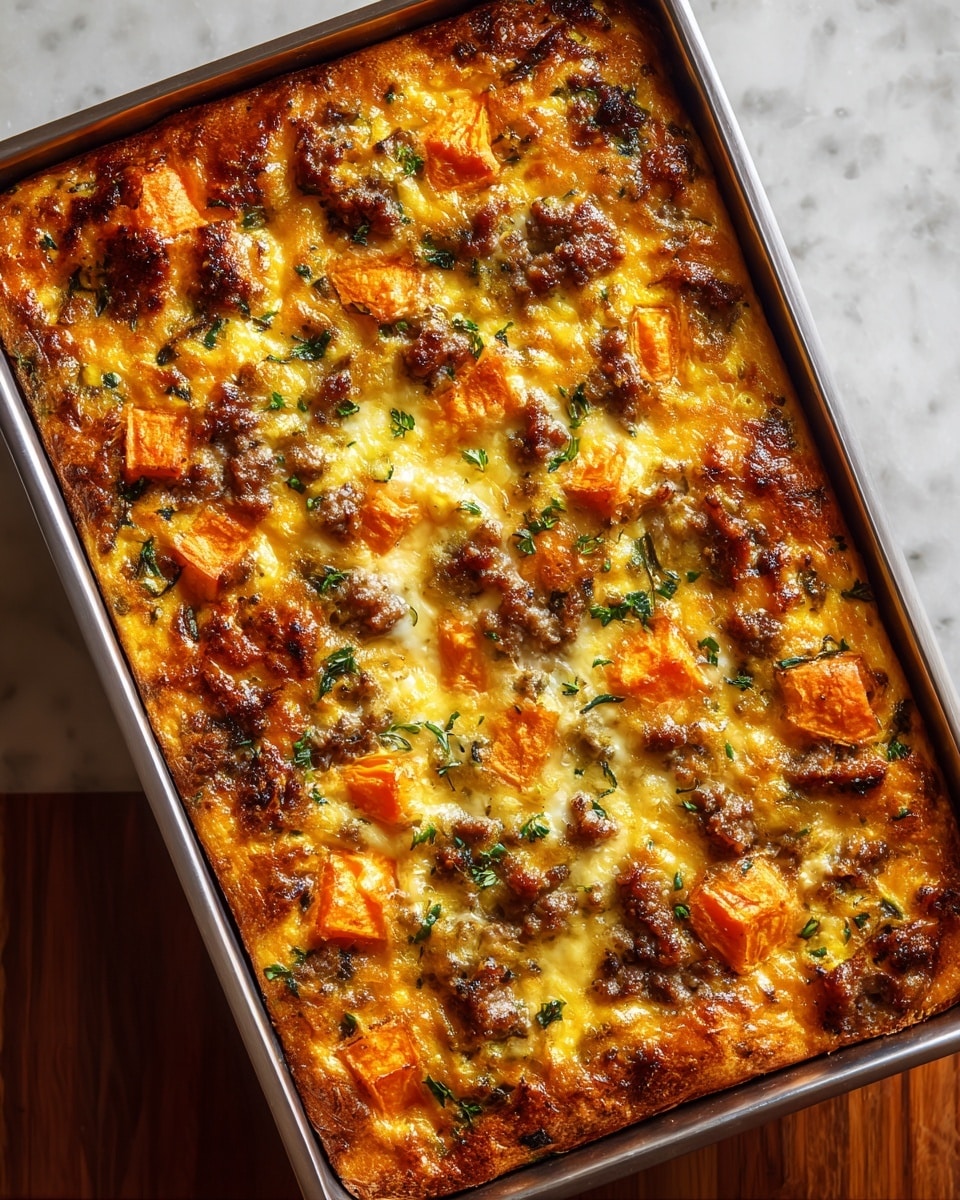 A golden baked casserole in a metal rectangular pan, with a bubbly, slightly browned top layer that has scattered orange chunks of roasted sweet potato, green flecks of herbs, and browned bits of sausage mixed throughout. The texture looks soft and moist with a slightly crispy crust at the edges. The surface shows melting cheese and small sprigs of fresh herbs for garnish, all sitting on a white marbled background. photo taken with an iphone --ar 4:5 --v 7