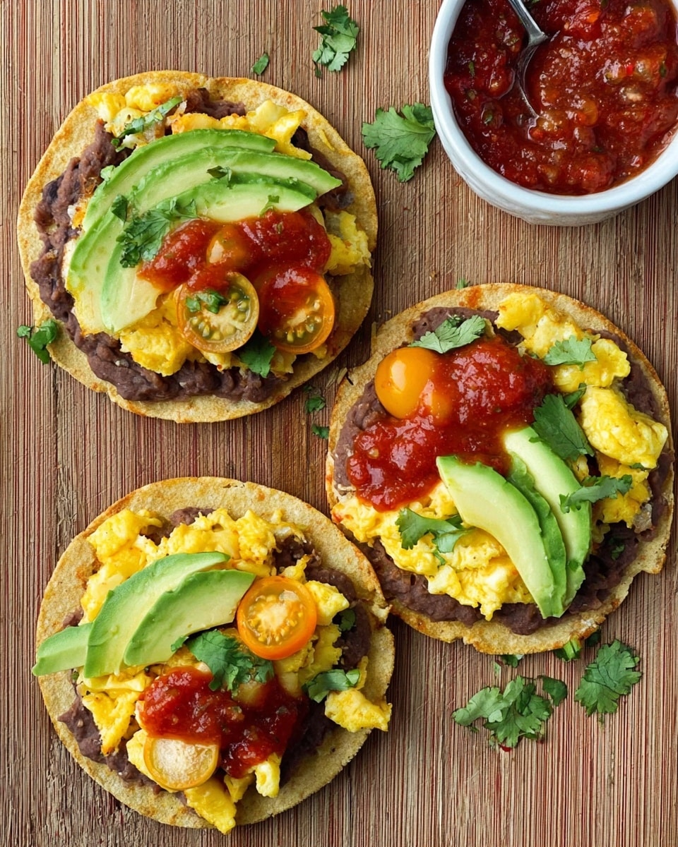 Three tostadas are placed on a wooden textured surface, each one layered with a crunchy golden corn tortilla base spread evenly with a thick layer of smooth, dark brown refried beans. On top of the beans, there is a generous portion of scrambled eggs that are bright yellow and fluffy. Slices of fresh green avocado are placed diagonally across each tostada, with pieces of red and yellow cherry tomatoes scattered among the eggs. A spoonful of chunky red salsa is drizzled over the avocado and eggs, with small green cilantro leaves sprinkled on top for garnish. To the side, there is a small white bowl filled with extra chunky red salsa. photo taken with an iphone --ar 4:5 --v 7