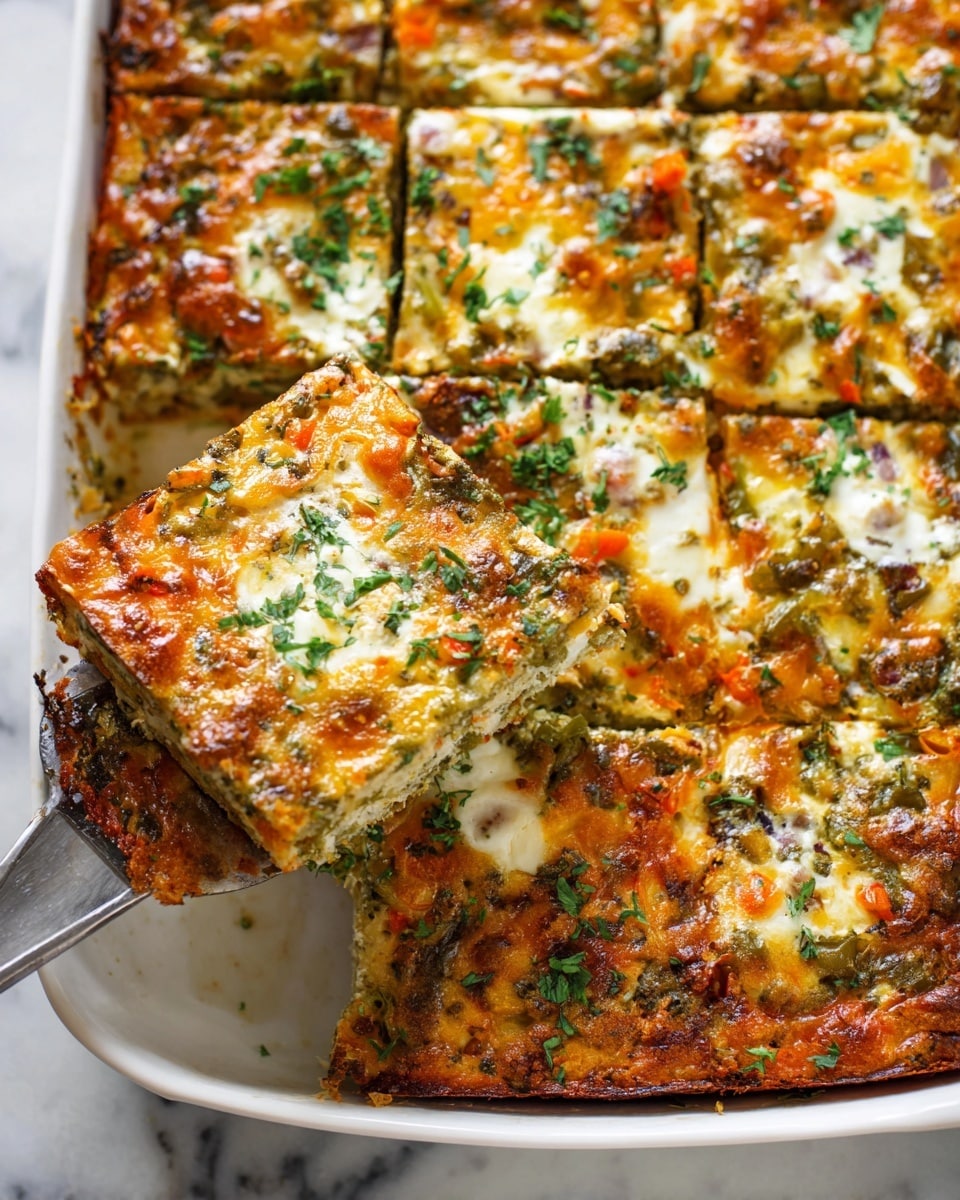 The image shows a baked casserole cut into six square pieces in a white baking dish over a white marbled surface. Each piece has three visible layers: a golden-brown cheesy top layer dotted with green herbs and bits of roasted green peppers, a middle creamy layer with white, orange, and light green colors indicating cheese and vegetables, and a bottom layer that looks well-cooked with a slightly darker crust. One square piece is being lifted by a spatula, showing its soft texture and layers clearly. The dish looks hot and fresh with a mix of melted cheese and garnished herbs on top. Photo taken with an iphone --ar 4:5 --v 7