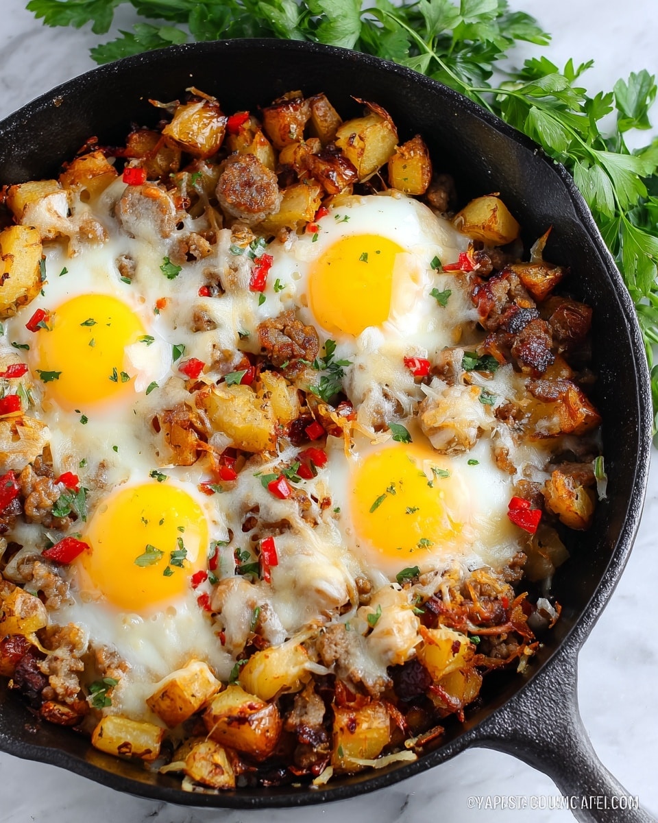 A black cast iron skillet filled with a dish made of three sunny-side-up eggs placed evenly apart in the center, surrounded by a mix of golden brown, crispy diced potatoes, browned sausage pieces, and small red pepper bits. The whole dish is topped with melted yellow and white cheese, slightly browned in places, creating a gooey texture over the potatoes and sausage. In the background, fresh green parsley leaves provide a hint of color contrast, and the skillet sits on a white marbled surface. photo taken with an iphone --ar 4:5 --v 7