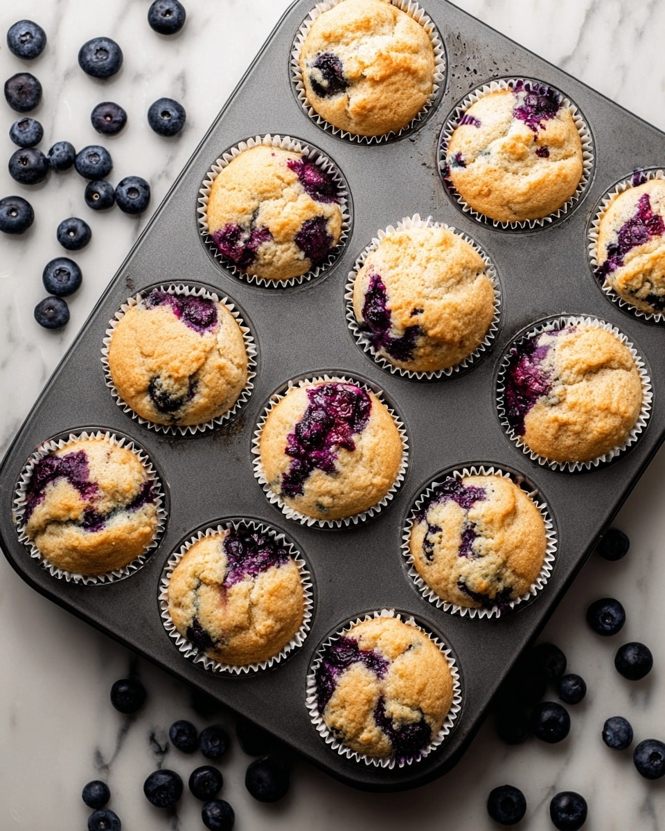 A tray holds twelve golden-brown blueberry muffins, each sitting in white paper liners. The muffins have a slightly cracked top with deep purple blueberry juice spilling out in places, creating dark streaks and spots on the light muffin surface. Fresh blueberries are scattered around the tray on a white marbled surface, adding a pop of dark blue color. The metal tray is dark gray, contrasting with the light muffins and white liners, while the white marbled background adds a clean, fresh look. photo taken with an iphone --ar 4:5 --v 7