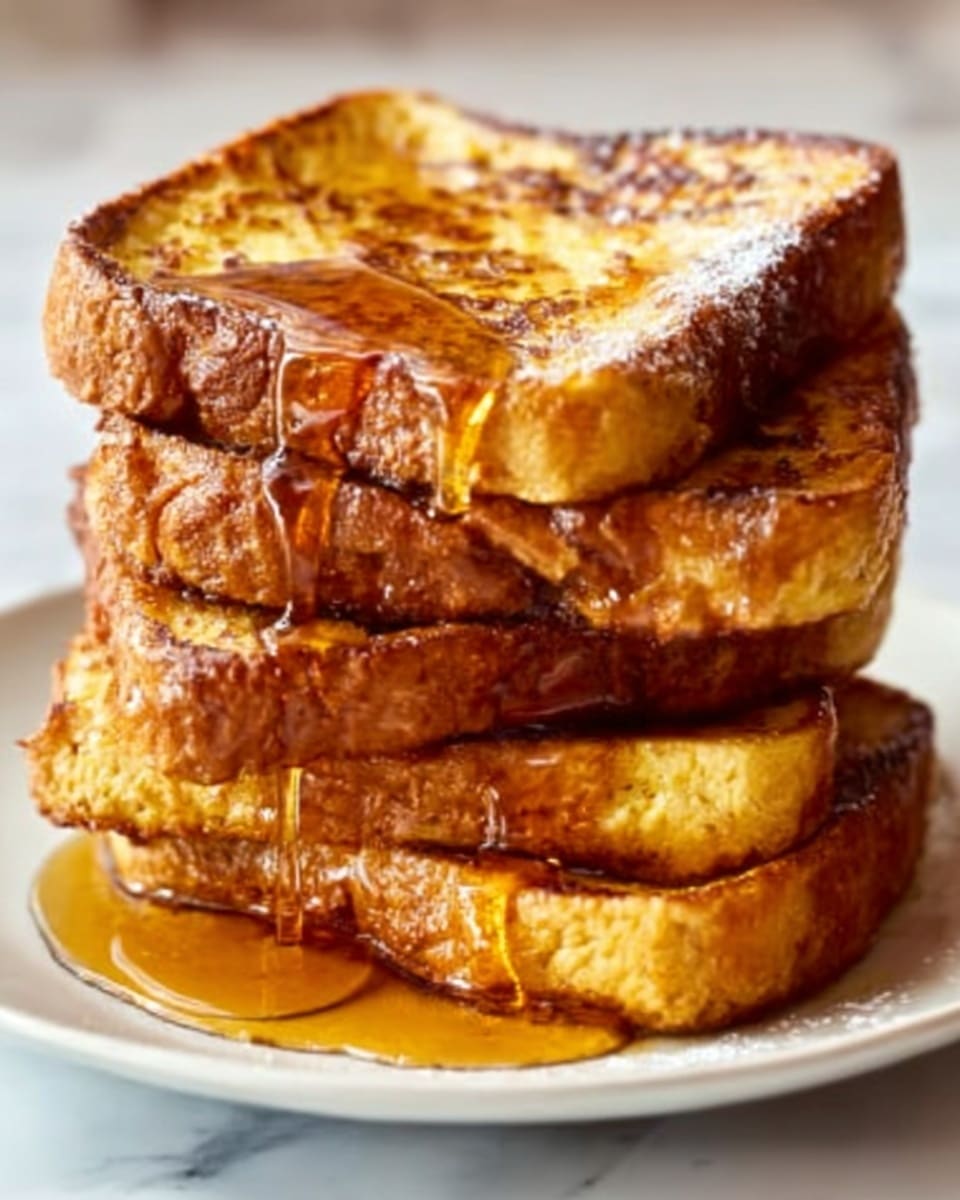 The image shows a stack of four thick slices of golden brown French toast, each slice slightly crisp on the edges and soft inside. The toast is placed on a simple white plate, with syrup slowly dripping down the side of the stack, creating a shiny amber stream. The background and surface are a white marbled texture, giving a clean and bright look to the scene. photo taken with an iphone --ar 4:5 --v 7