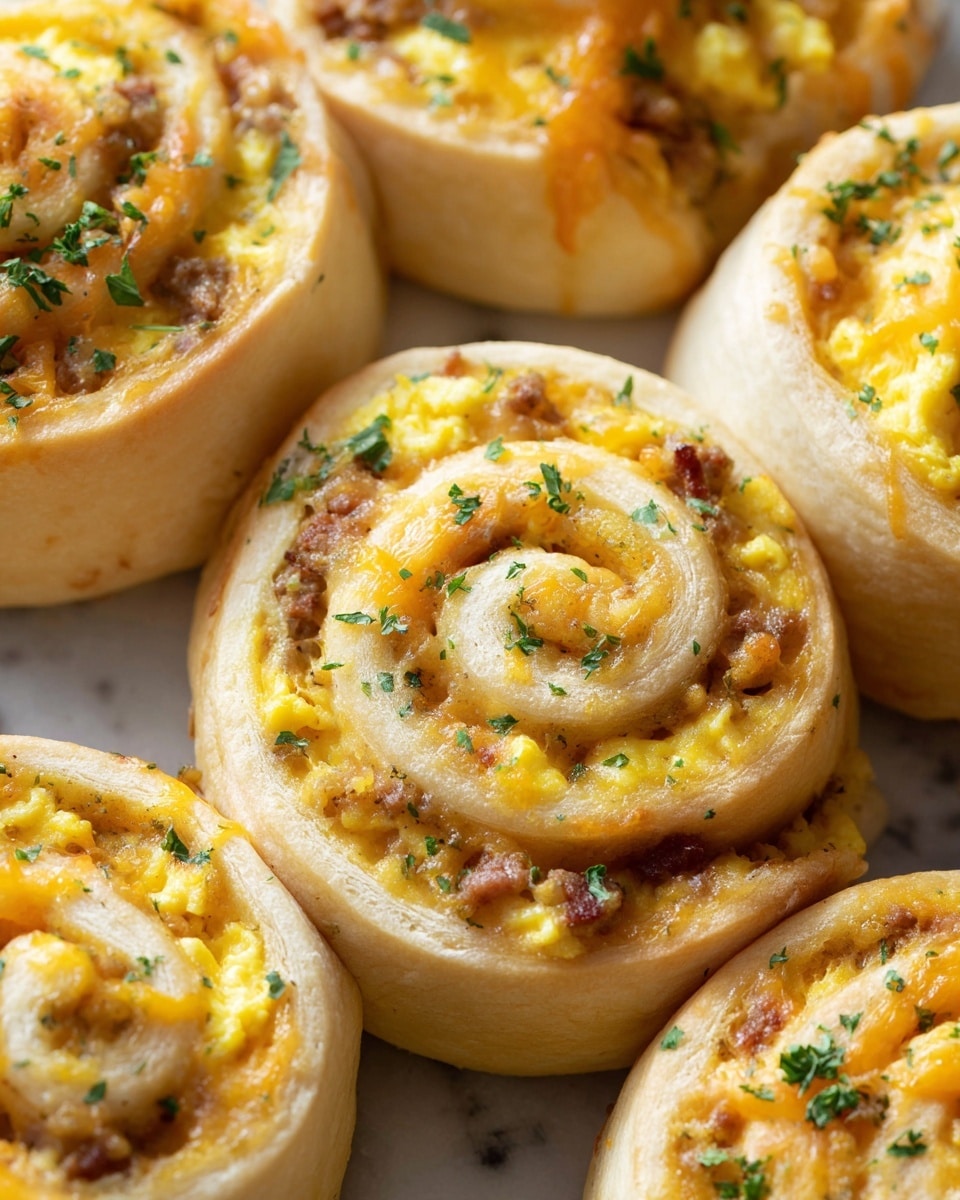 The image shows several soft, thick rolls made from light golden dough, each with visible layers spiraled inward. Inside the swirls, there are bright yellow scrambled eggs, small bits of cooked brown sausage, and melted orange cheddar cheese evenly spread. The rolls are sprinkled with small green parsley pieces that add a fresh color contrast. The texture looks fluffy and moist, with the layers clearly defined and tightly rolled. The rolls are close together on a white marbled surface. photo taken with an iphone --ar 4:5 --v 7