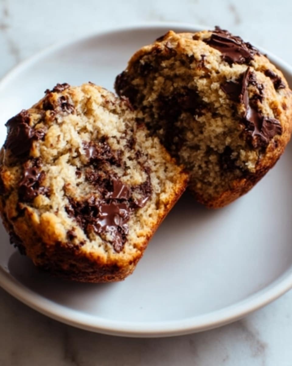 The image shows a close-up of a split muffin on a white plate. The muffin has two main layers: the outer golden-brown crust with a slightly rough texture and the inside, which is light brown and speckled with melted dark chocolate chunks. The chocolate pieces are unevenly scattered, some melted and glossy, others more solid. The white plate sits on a white marbled surface. Photo taken with an iphone --ar 4:5 --v 7