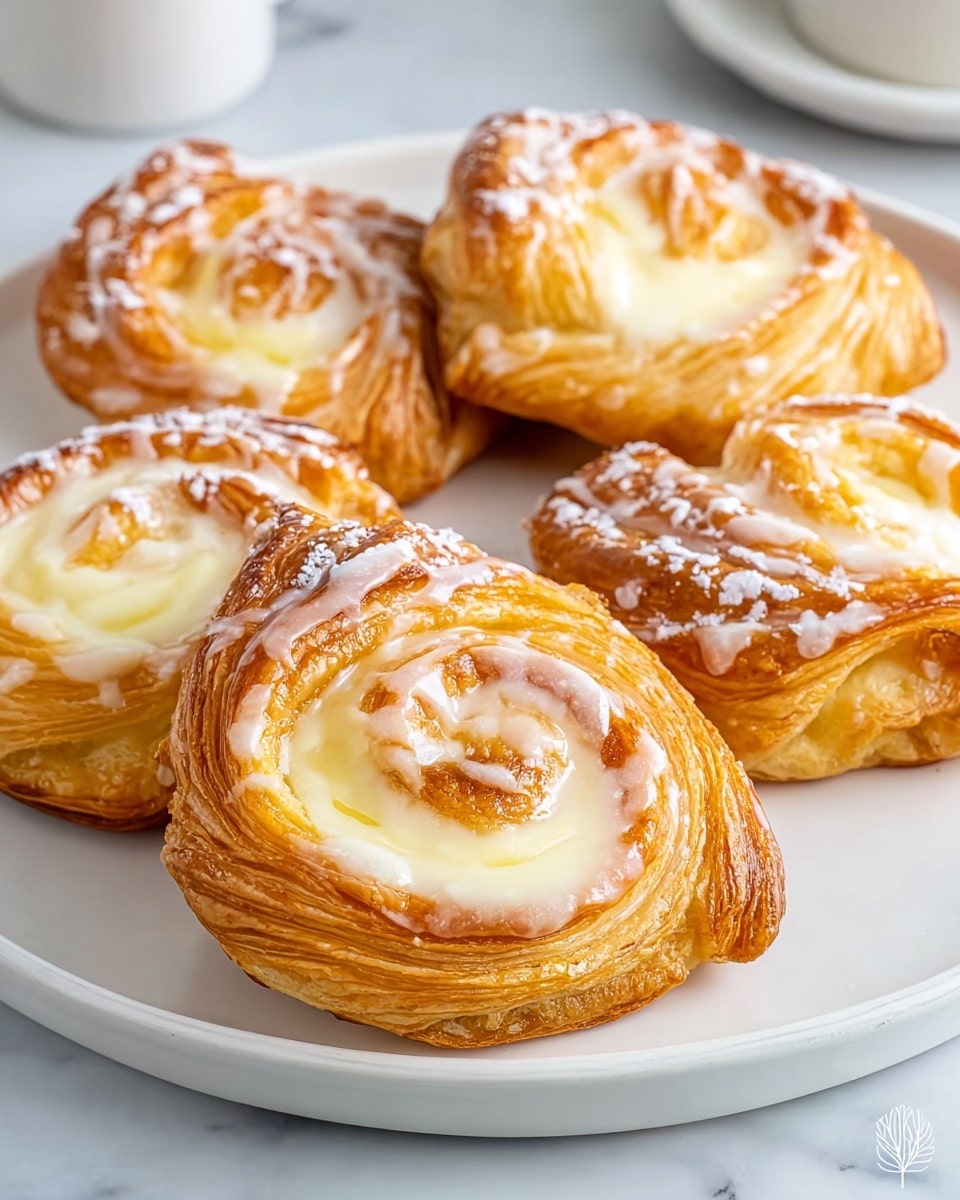 The image shows five golden brown Danish pastries arranged on a white plate. Each pastry has about three visible layers of flaky, crispy dough with a shiny glaze on top. The center of every pastry holds a swirl of creamy white icing and yellow custard, with the custard having a slightly smooth, glossy texture. A light dusting of powdered sugar adds a soft white touch to the pastries' edges. The plate sits on a white marbled surface, and the background is softly blurred, highlighting the warm tones of the pastries. photo taken with an iphone --ar 4:5 --v 7