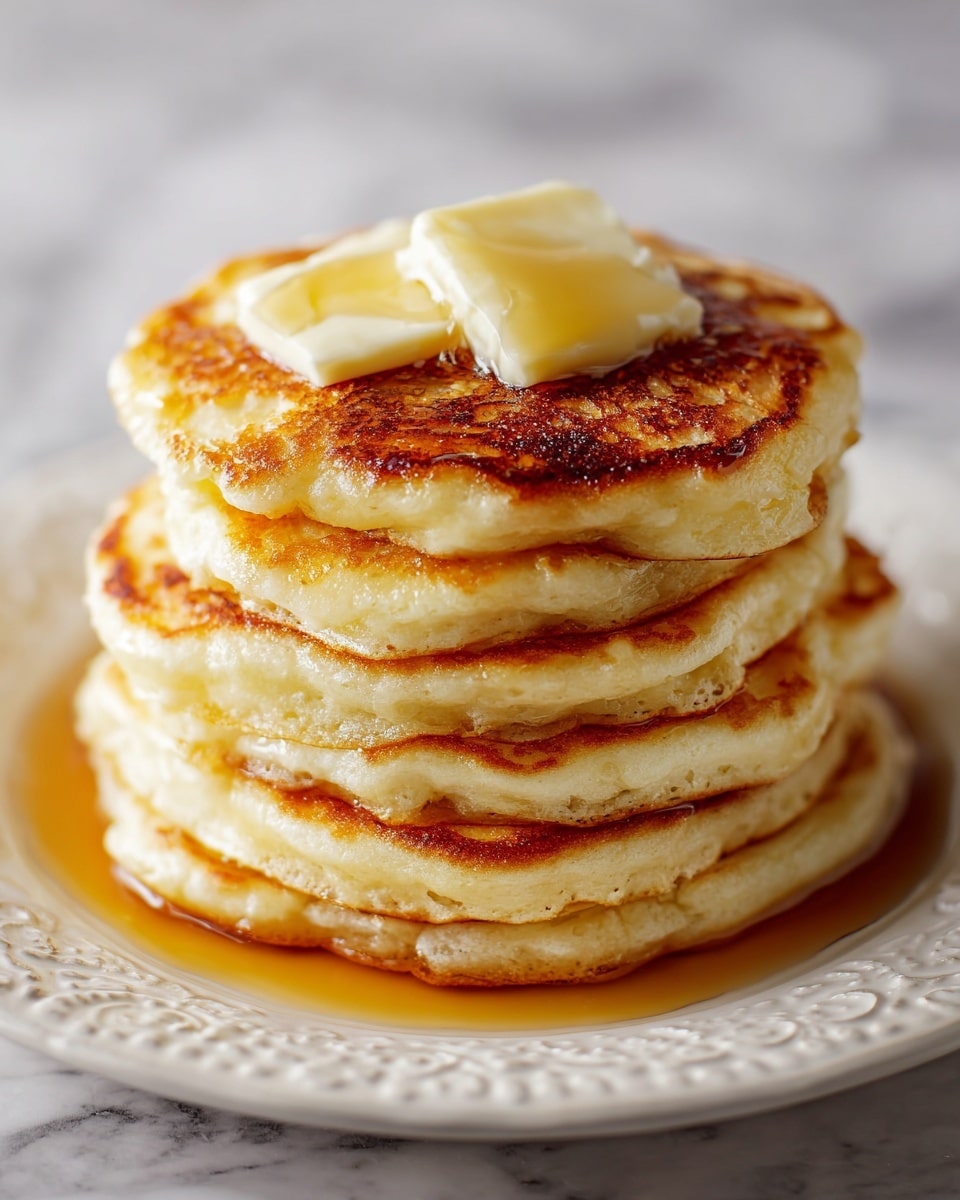 A stack of six thick, golden brown pancakes sits on a white plate with delicate decorative edges. Each pancake has a soft, fluffy texture with slight crispiness around the edges. On top of the stack, there are two slightly melted pats of creamy, pale yellow butter. Surrounding the pancake stack is a small pool of syrup that glistens under soft lighting. The background is softly blurred with a white marbled texture, highlighting the warm tones of the pancakes. photo taken with an iphone --ar 4:5 --v 7