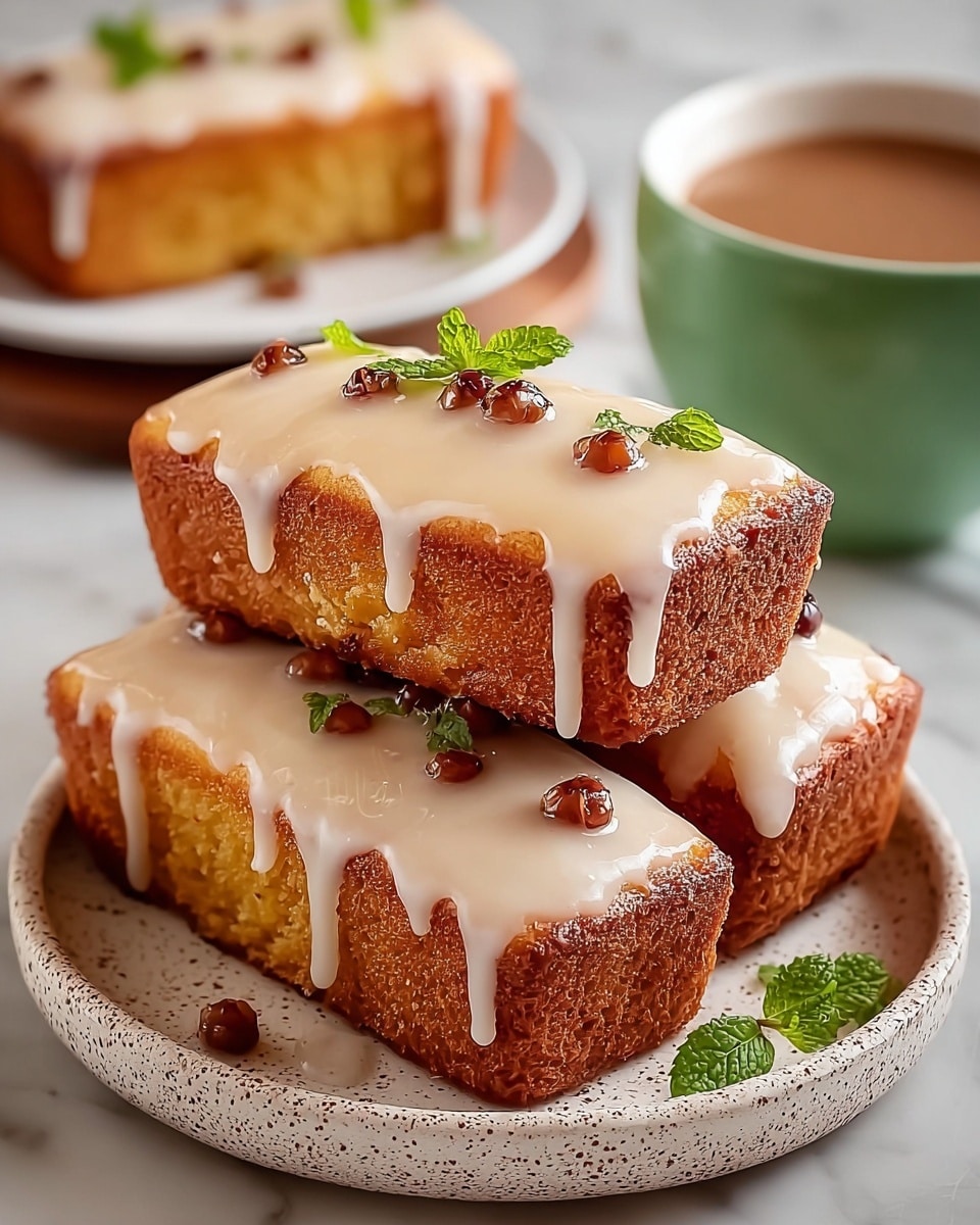 The image shows three rectangular pieces of golden-brown fried cake stacked on a white speckled plate. Each piece is topped with a thick, glossy layer of smooth off-white glaze that drips down the sides, adding a shiny texture. Small dark brown beans and tiny green herb leaves are placed on top as decoration. In the background, there is a white cup with a green saucer filled with a brown liquid, and another blurred frosted cake is partially visible on a white plate. The setting is on a white marbled surface. photo taken with an iphone --ar 4:5 --v 7