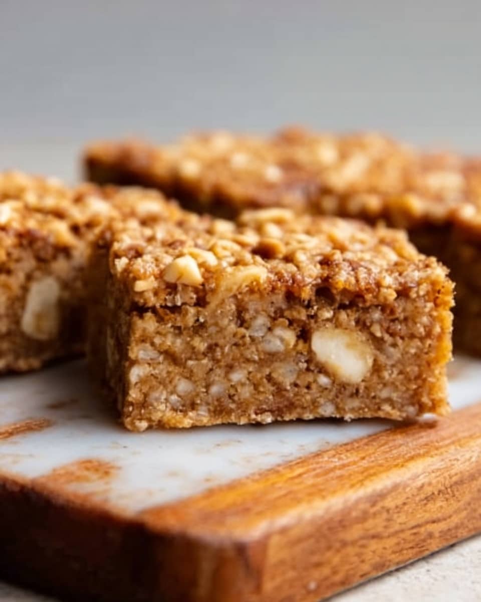 A close-up image of a square piece of cake with visible layers. The bottom layer is light brown with a soft, moist texture and nut pieces inside. The top layer is a golden brown crumbly topping with small granules and seeds, giving it a crunchy look. The cake is on a light wooden surface with a white marbled background. In the background, there are two more similar pieces slightly out of focus. Photo taken with an iphone --ar 4:5 --v 7