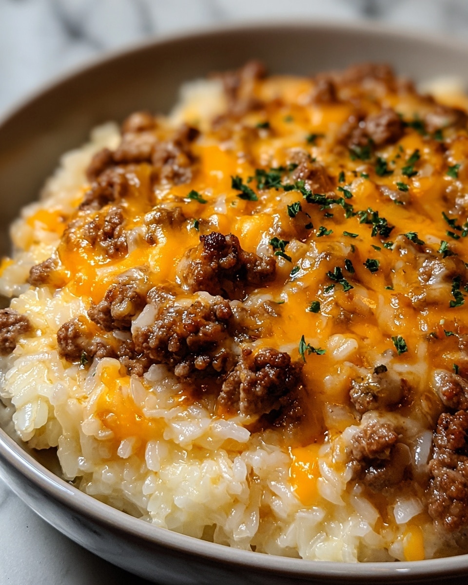 The image shows a close-up of a dish with three visible layers. The bottom layer is soft, creamy white rice that looks warm and sticky. On top of the rice is a layer of cooked ground meat, browned and slightly chunky, spread evenly. The top layer is melted cheese, a mix of bright orange and white colors, covering the meat with a gooey texture. Small bits of green herbs are sprinkled on the cheese for a touch of color. The dish is served in a white bowl, and the photo is taken on a white marbled surface. Photo taken with an iphone --ar 4:5 --v 7