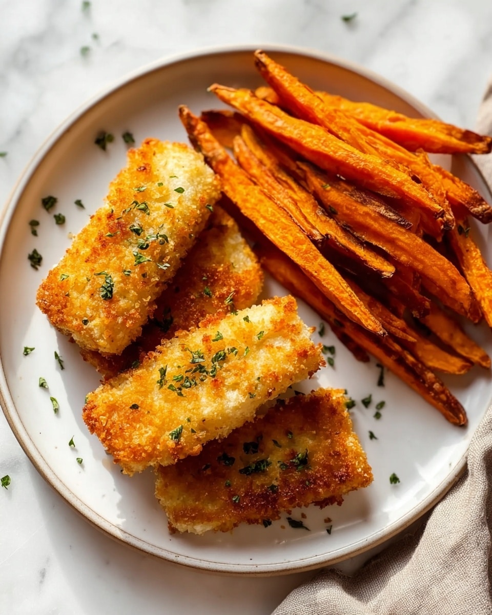 The image shows a white speckled round plate on a white marbled surface, holding three golden brown crispy breaded fish fillets arranged in a slightly overlapping horizontal stack on the left side of the plate. On the right side, there is a pile of bright orange sweet potato fries with some edges slightly charred, leaning towards the fillets. Small green herb sprinkles are scattered over the fish fillets, fries, and the plate, adding a touch of fresh color. Photo taken with an iphone --ar 4:5 --v 7