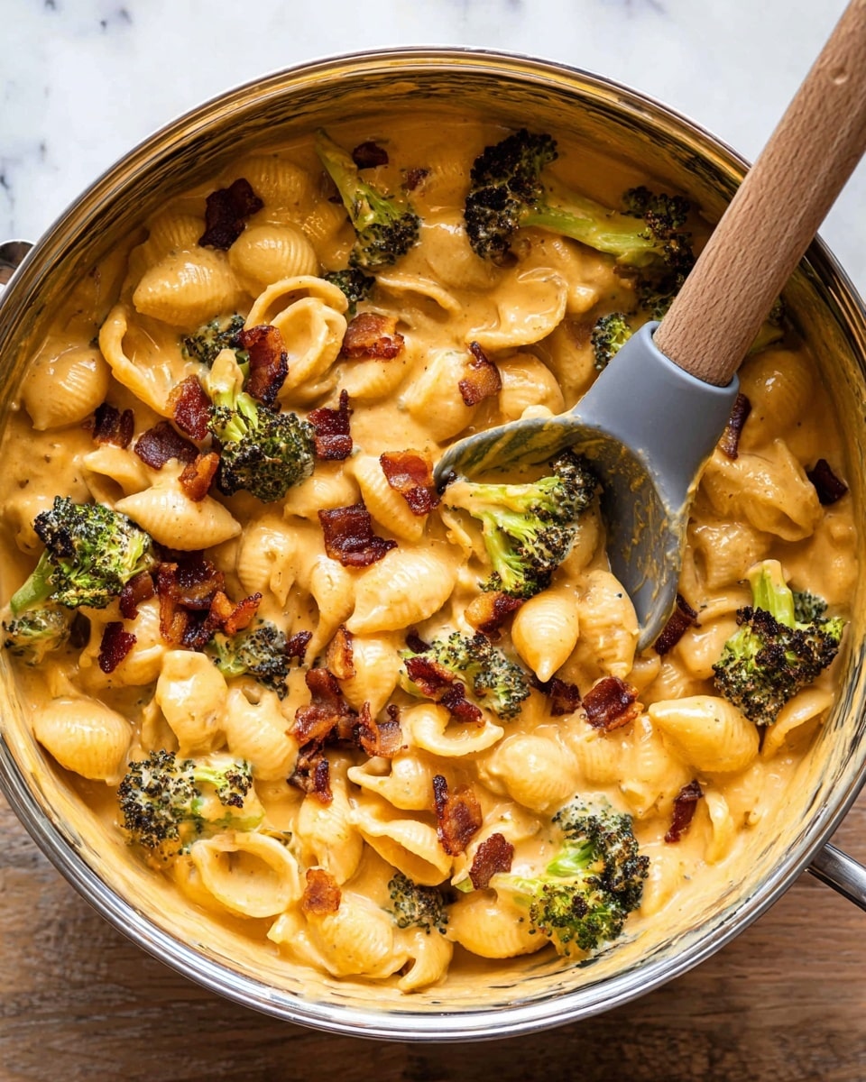 A close-up view of a pan filled with creamy mac and cheese pasta shells mixed with small roasted broccoli florets and crispy bacon bits. The sauce has a smooth, thick texture and an orange-yellow color that coats all the pasta pieces evenly. The broccoli adds bright green and slightly charred textures spread throughout the dish, and the bacon gives small dark brown and crispy pops of color in between. A wooden and grey spoon is resting inside the pan, partially covered in the sauce. The pan is placed on a light wood surface. photo taken with an iphone --ar 4:5 --v 7
