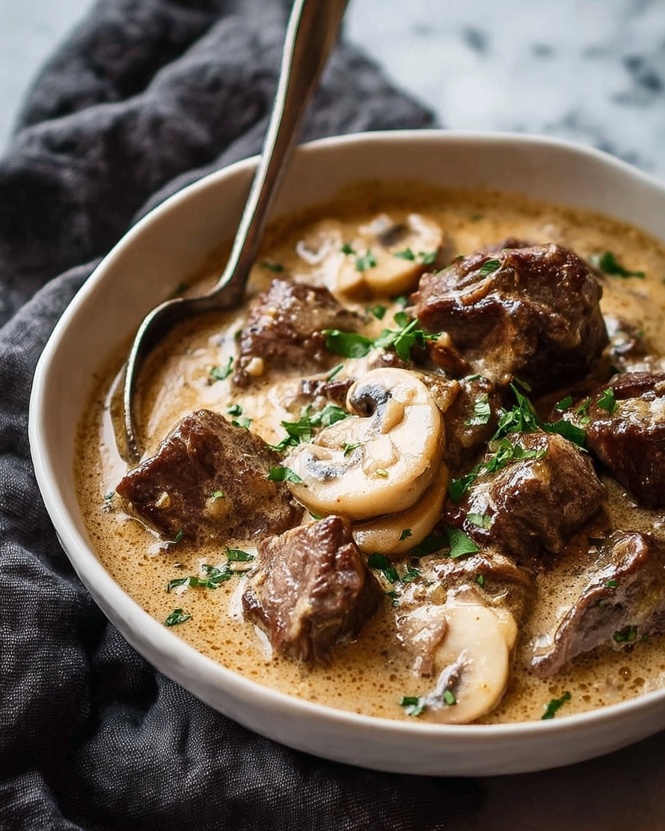 A close-up view of a dark brown bowl filled with creamy stew, showing thick light brown sauce covering several chunks of browned meat and sliced mushrooms. A dollop of white mashed potatoes sits near the center, partially covered by the sauce. Small green chives are sprinkled on top, adding a pop of color. A silver spoon rests inside the bowl, partially submerged in the stew. The bowl sits on a soft, textured grey cloth, placed on a white marbled surface. photo taken with an iphone --ar 4:5 --v 7