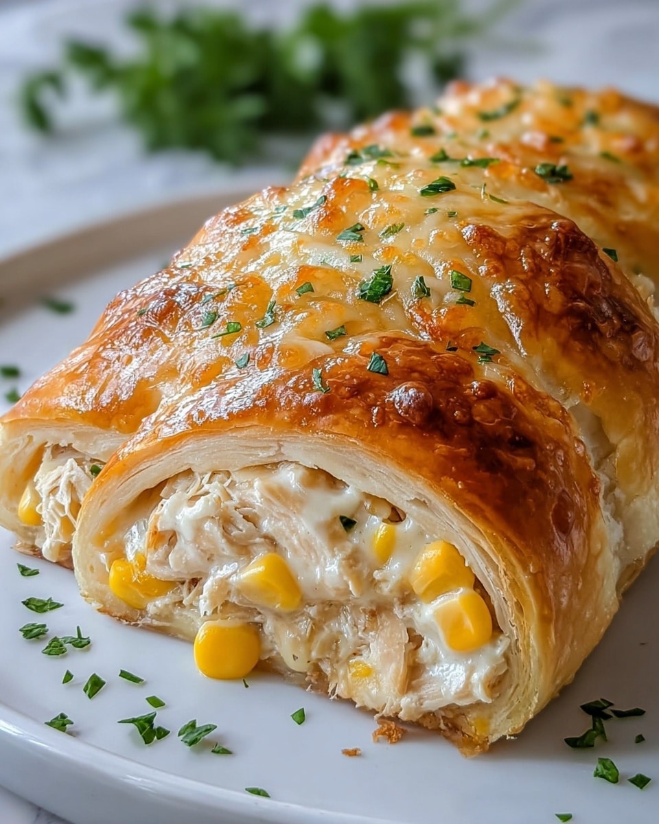 The image shows a close-up of a baked pastry roll sliced to reveal its filling. The outer layer is golden-brown, shiny, and slightly crispy with melted cheese on top, sprinkled with small green herb pieces. Inside, there are creamy white shredded chicken pieces mixed with small yellow corn kernels, wrapped in a thin pastry layer that looks soft and flaky. The roll is placed on a white plate with scattered herbs around it, all set on a white marbled surface. photo taken with an iphone --ar 4:5 --v 7