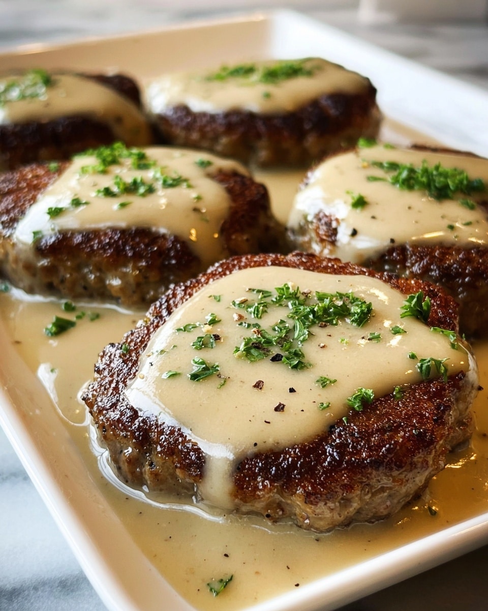 The image shows five browned meat patties laid out on a white rectangular plate on a white marbled surface. Each patty has a smooth, creamy beige gravy sauce poured over the top, with the sauce pooling around the base of the patties. The patties have a crisp, dark brown outer edge with tender texture inside. Finely chopped green herbs are sprinkled on top of the gravy-covered patties, and small black pepper flakes are scattered lightly across the sauce. The photo is close-up with a soft focus on the background, making the details of the gravy and patties stand out clearly. Photo taken with an iphone --ar 4:5 --v 7