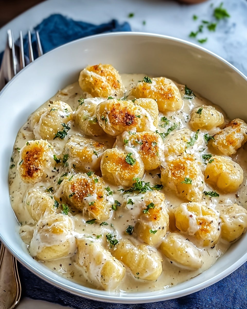 A white bowl filled with gnocchi covered in a creamy white sauce, topped with golden-brown browned spots and sprinkled with finely grated cheese. Small green herb pieces are scattered on top, adding color contrast. The sauce looks smooth and rich, pooling slightly around the gnocchi, which are plump and soft. The bowl sits on a light blue cloth on a white marbled surface. Photo taken with an iphone --ar 4:5 --v 7