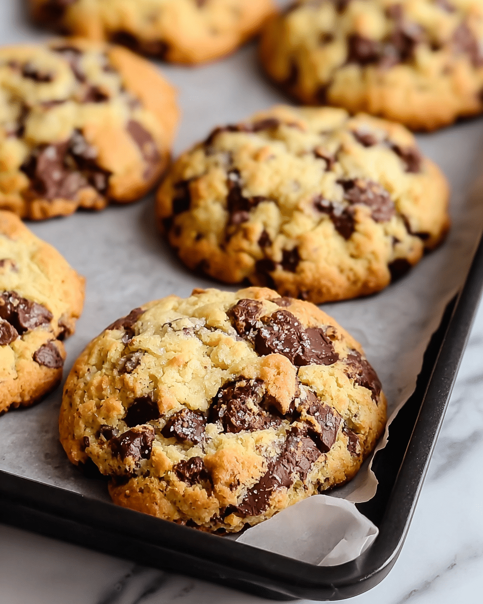 The image shows four thick and round cookies with a rough and chunky texture placed on a white marbled surface inside a black baking tray lined with parchment paper. Each cookie is golden-brown on the edges and pale yellow in the middle, filled generously with large, unevenly scattered dark chocolate chips and chunks that add contrast and depth. The cookies have an imperfect, homemade appearance with visible cracks and folds where the chocolate pieces push through the soft dough. The background is softly blurred, focusing on the closest cookie in the front, which dominates the frame. Photo taken with an iphone --ar 4:5 --v 7