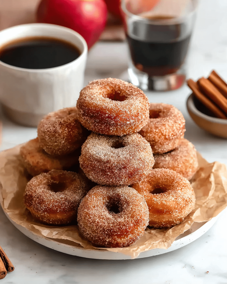 A white plate holds a stack of eight cinnamon sugar-coated doughnuts arranged in two layers, with five doughnuts on the bottom and three on top, each doughnut golden brown and textured with sugar crystals. The doughnuts rest on crumpled brown parchment paper that covers the plate. Behind the plate, there is a small white cup filled with dark syrup and a clear glass cup with a warm brown drink. A whole apple sits blurred to the right, and two cinnamon sticks lie on the white marbled surface in front and to the left of the plate. photo taken with an iphone --ar 4:5 --v 7