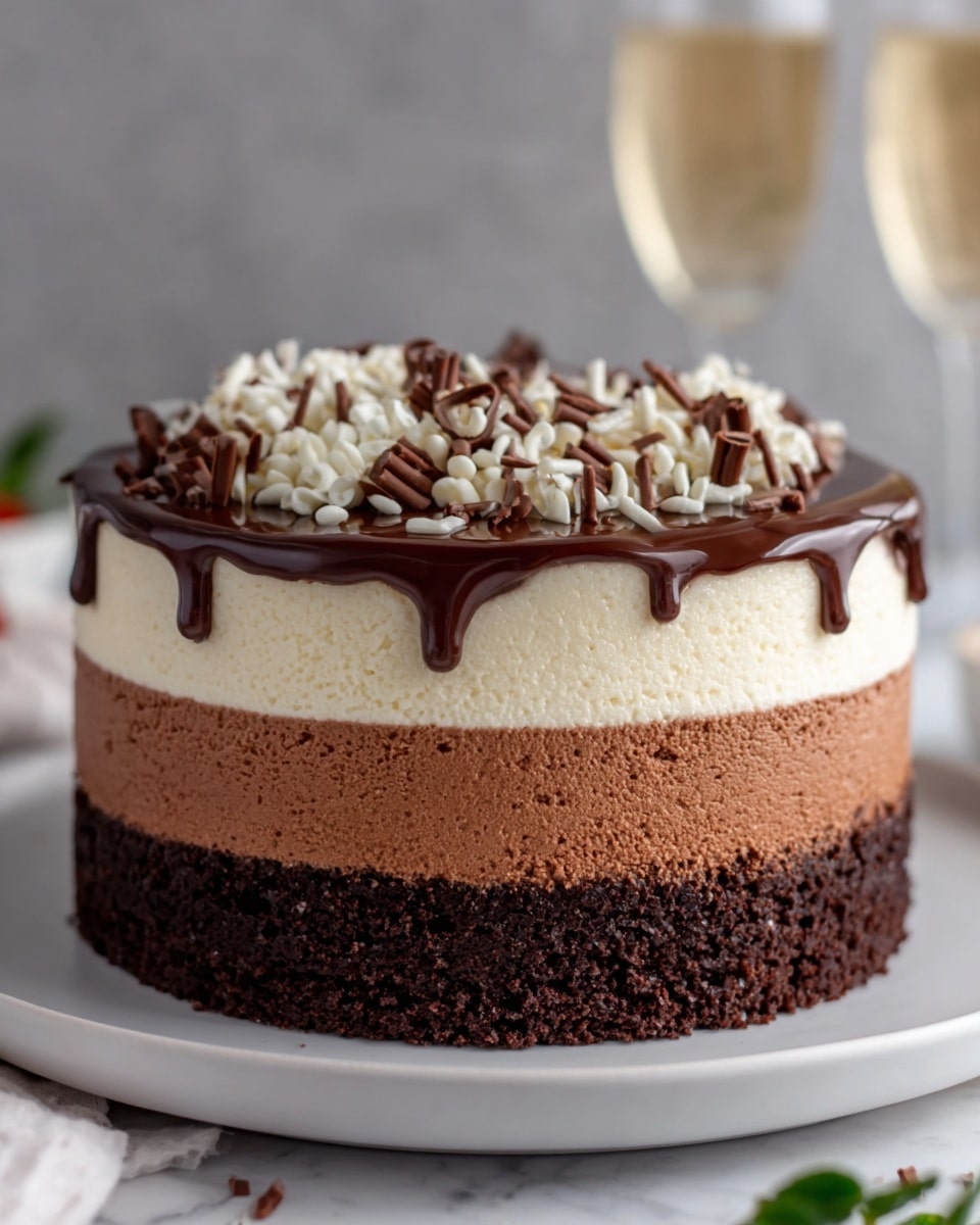 The image shows a layered chocolate cake on a white plate sitting on a white marbled surface. The cake has five visible layers: the bottom layer is a dark, crumbly chocolate base, followed by a smooth medium brown chocolate mousse layer, then a lighter cream layer, another layer of dark chocolate mousse, and the top layer is covered with melted dark chocolate dripping down the sides. The top is decorated with two types of swirled cream, one white and one light brown, and sprinkled with small chocolate curls. In the background, there are blurred elements including two glasses and some green leaves. Photo taken with an iphone --ar 4:5 --v 7