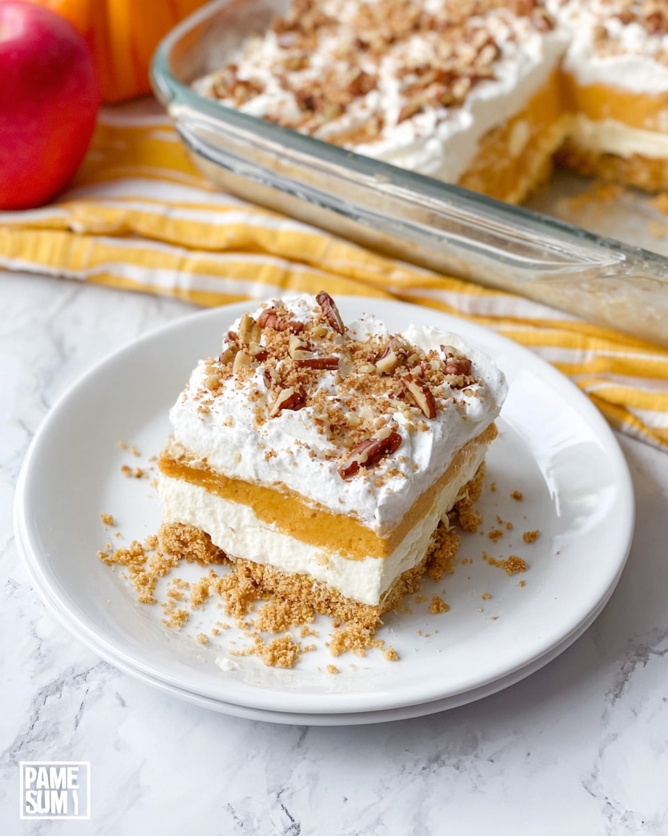 A square slice of layered dessert sits on a white round plate with scattered brown crumbs around it. The dessert has three layers: a bottom light brown crumbly crust, a thick middle orange creamy layer, and a thick white fluffy top layer sprinkled with crushed nuts. In the upper right corner, a larger rectangular glass dish holds more of the same dessert, showing the clear separation of the bottom, middle, and top layers, with the top also covered in crushed nuts. To the left side, a red apple and a yellow-striped cloth are visible, all placed on a white marbled surface. photo taken with an iphone --ar 4:5 --v 7