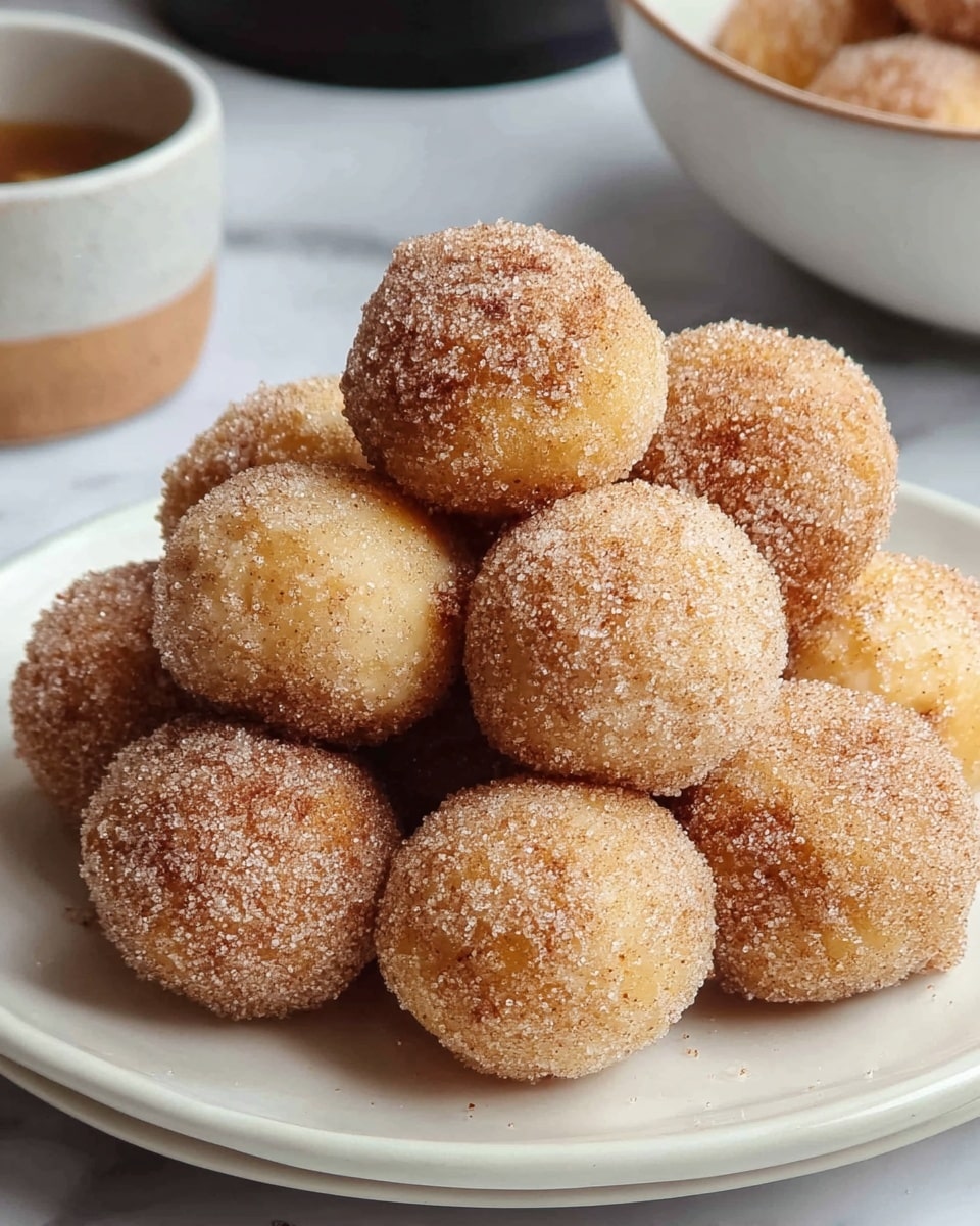 A white plate with a thin gold rim holds a pile of small round dough balls covered evenly in a fine layer of cinnamon sugar. The balls have a light golden color showing through the sugar coating, with a soft and slightly textured surface. The dough balls are stacked in a pyramid-like shape, filling the plate's center, resting on a white marbled surface. In the blurred background, parts of a white bowl with gold rim and another object are visible. photo taken with an iphone --ar 4:5 --v 7