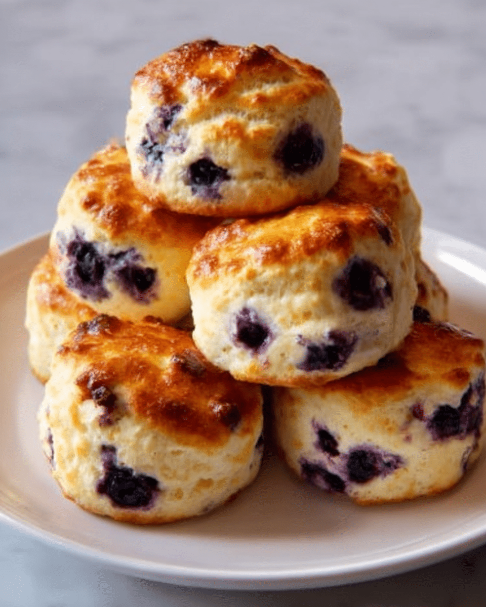 A white plate holds five golden-brown round scones with a slightly crispy top layer. Each scone has a soft, light cream-colored base with visible dark purple blueberries scattered throughout. The blueberries are slightly sunken into the dough, creating patches of deep purple against the warm, toasted surface. The scones are stacked casually in a small pile on a white marbled surface. photo taken with an iphone --ar 4:5 --v 7