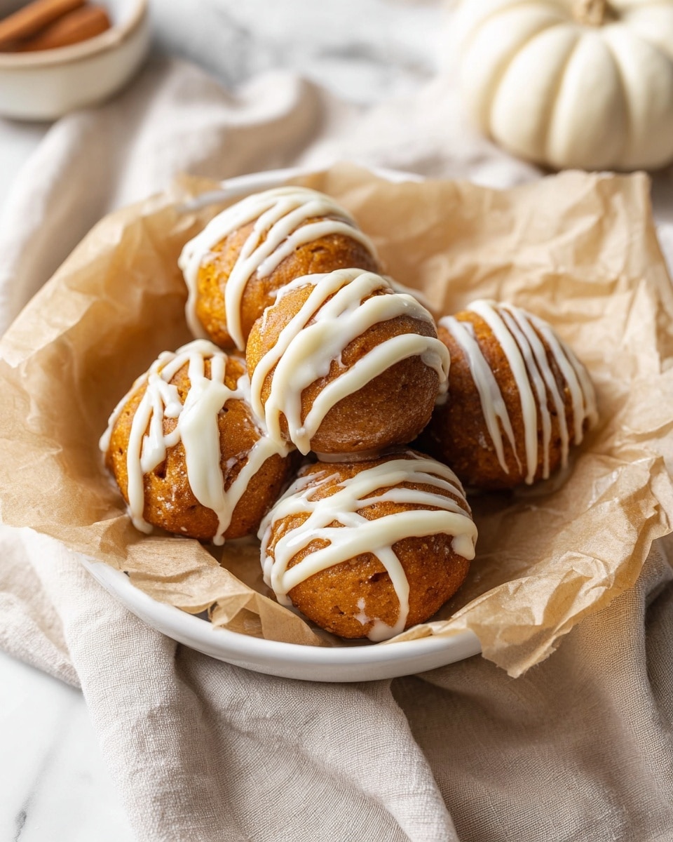 The image shows a white bowl lined with crinkled light brown parchment paper holding six round, golden-brown pumpkin doughnut holes arranged closely together. Each doughnut hole is topped with uneven, creamy white icing drizzled in thin, irregular lines and some thicker patches. The bowl is set on a soft, beige cloth on a white marbled surface, with a blurred white pumpkin and small dish of cinnamon in the background. photo taken with an iphone --ar 4:5 --v 7